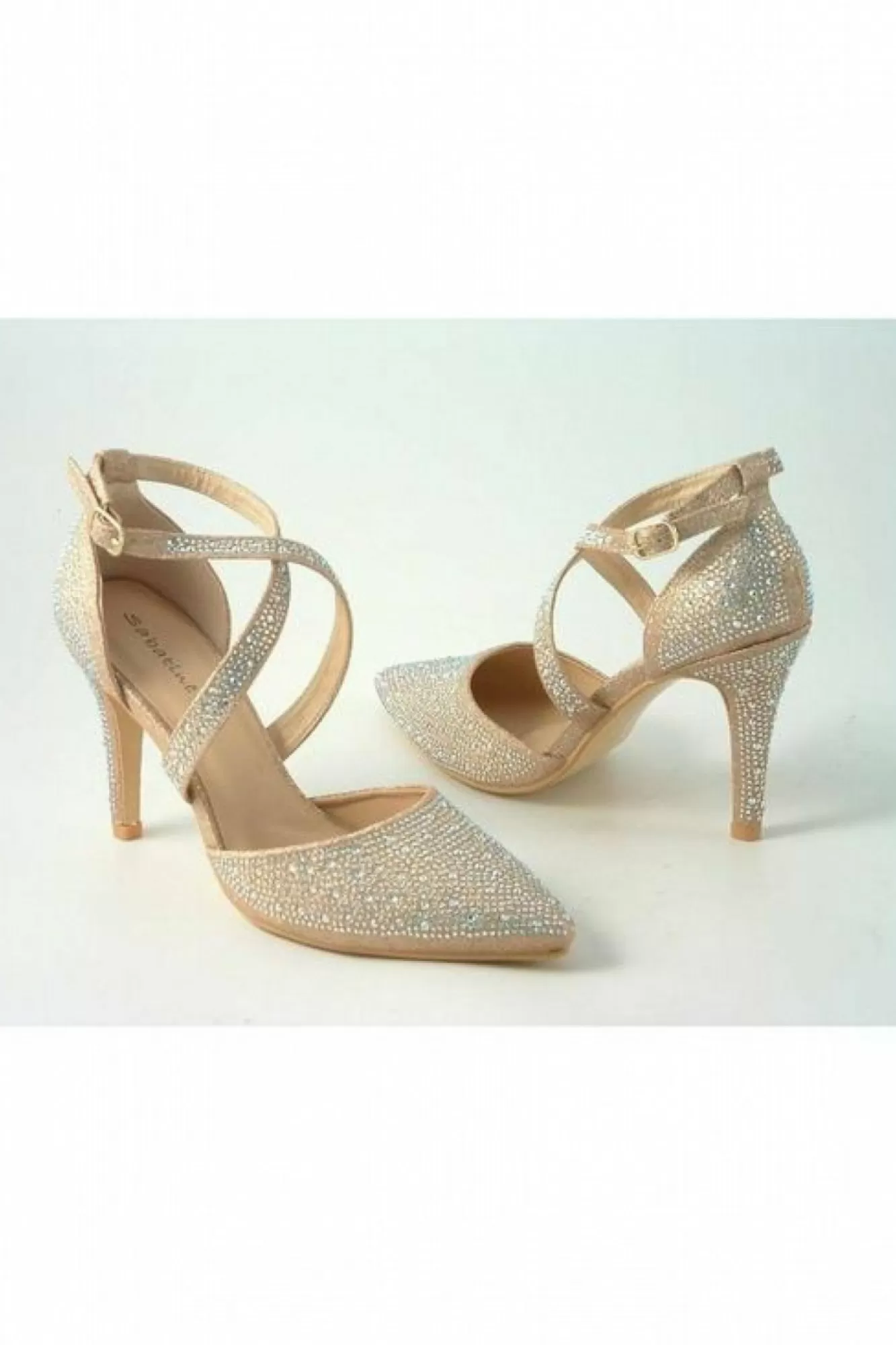 High Heels^Glitz Shoes Clora Sabatine Diamante Strapped Court Shoe Gold