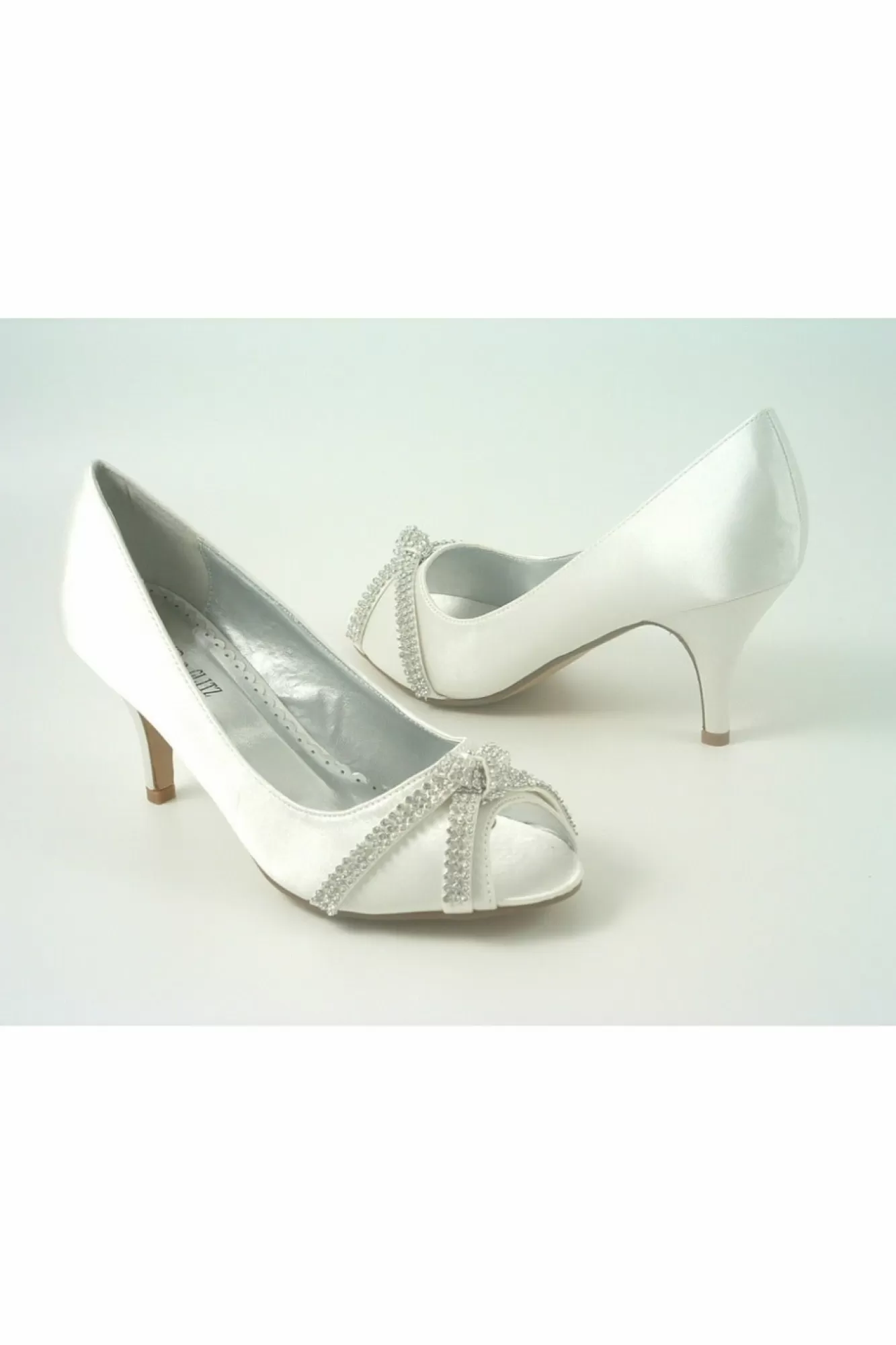 Mid Heels^Glitz Shoes Diamante Metallic Peep Toe Court Shoe Ivory