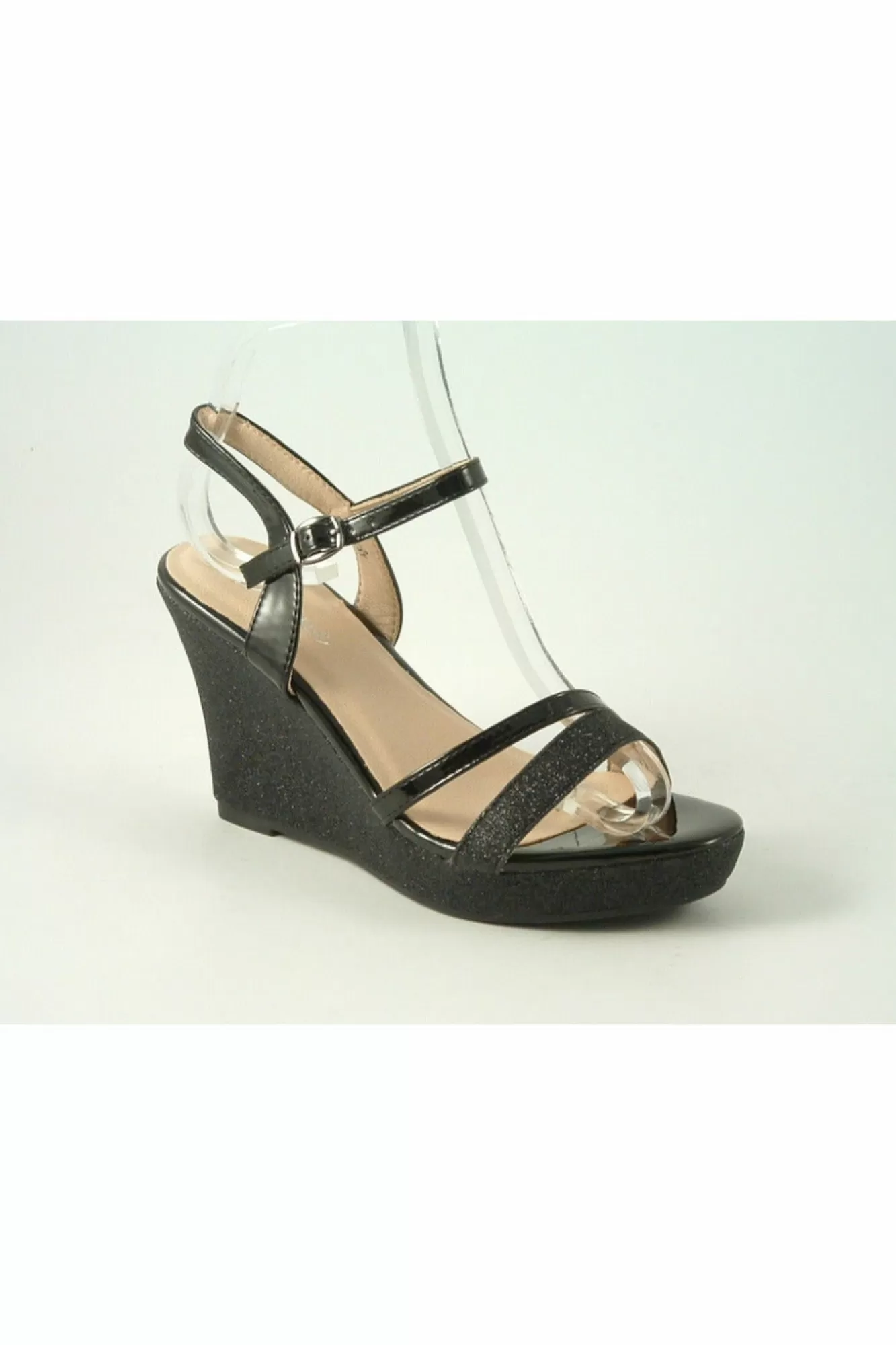 Sandals^Glitz Shoes Divine High Heel Glitter Wedge Sandal Black