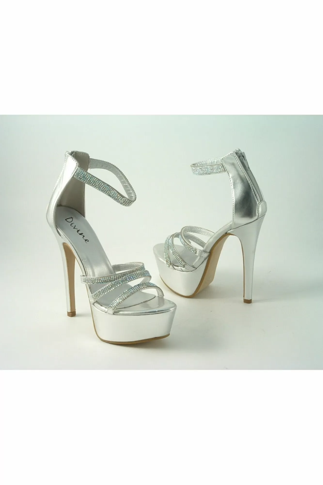 High Heels^Glitz Shoes Divine Tall Diamante Platform Silver