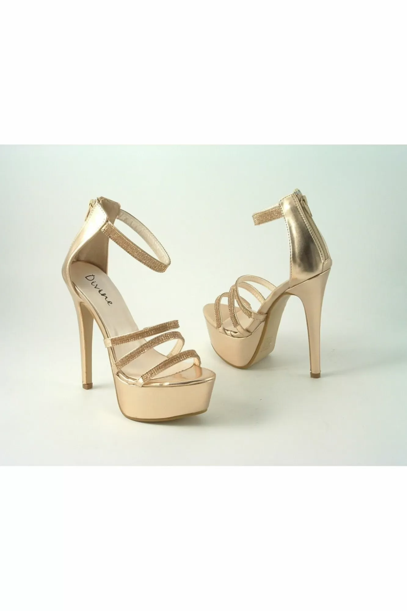 High Heels^Glitz Shoes Divine Tall Diamante Platform Rosegold