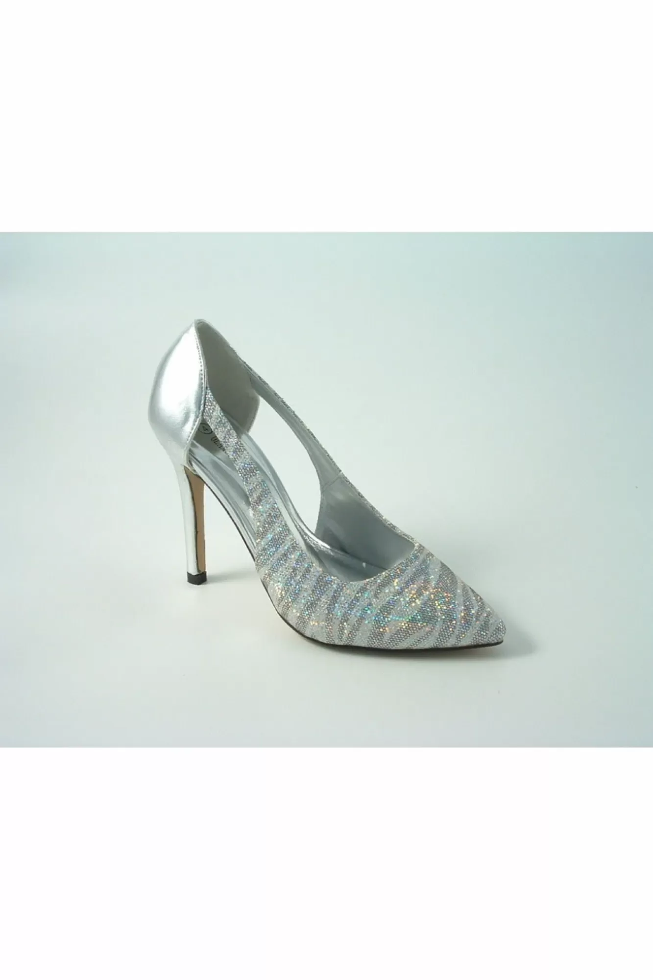 High Heels^Glitz Shoes Glimmer Glamour N Glitz Metallic Open Side Shoe Silver