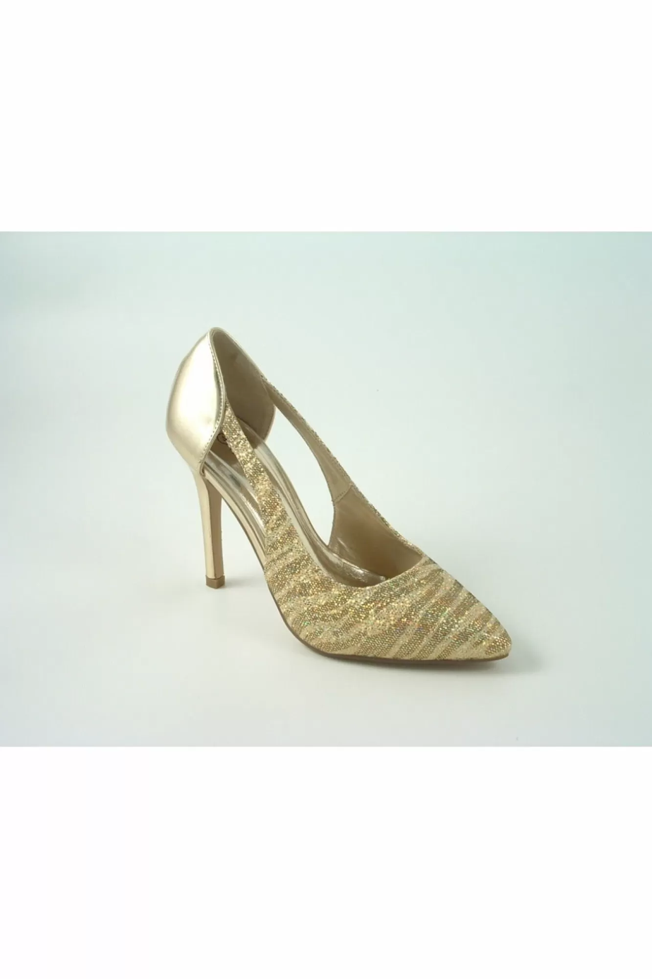 High Heels^Glitz Shoes Glimmer Glamour N Glitz Metallic Open Side Shoe Gold