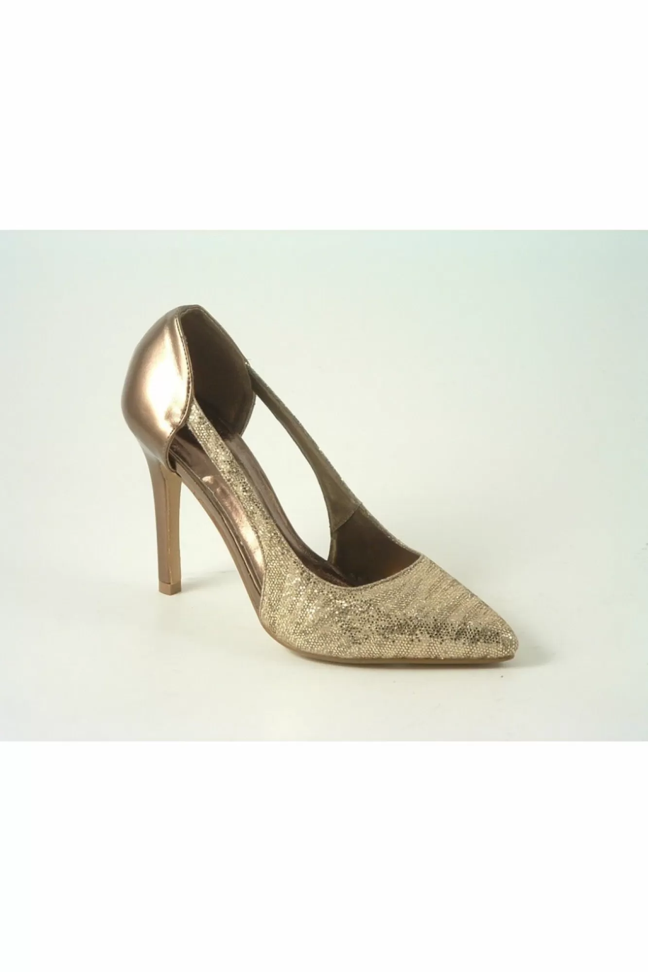 High Heels^Glitz Shoes Glimmer Glamour N Glitz Metallic Open Side Shoe Bronze