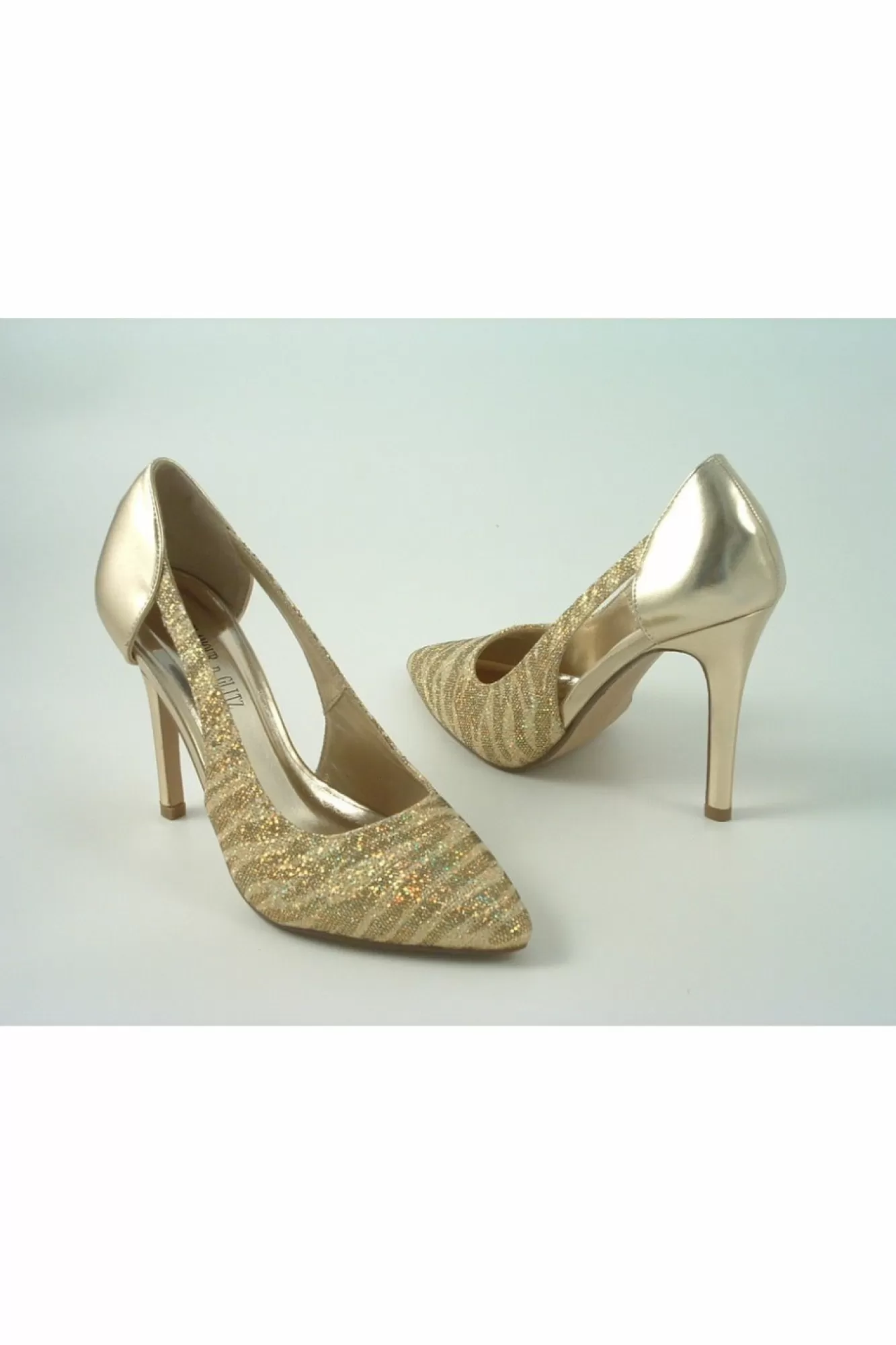 High Heels^Glitz Shoes Glimmer Glamour N Glitz Metallic Open Side Shoe Gold