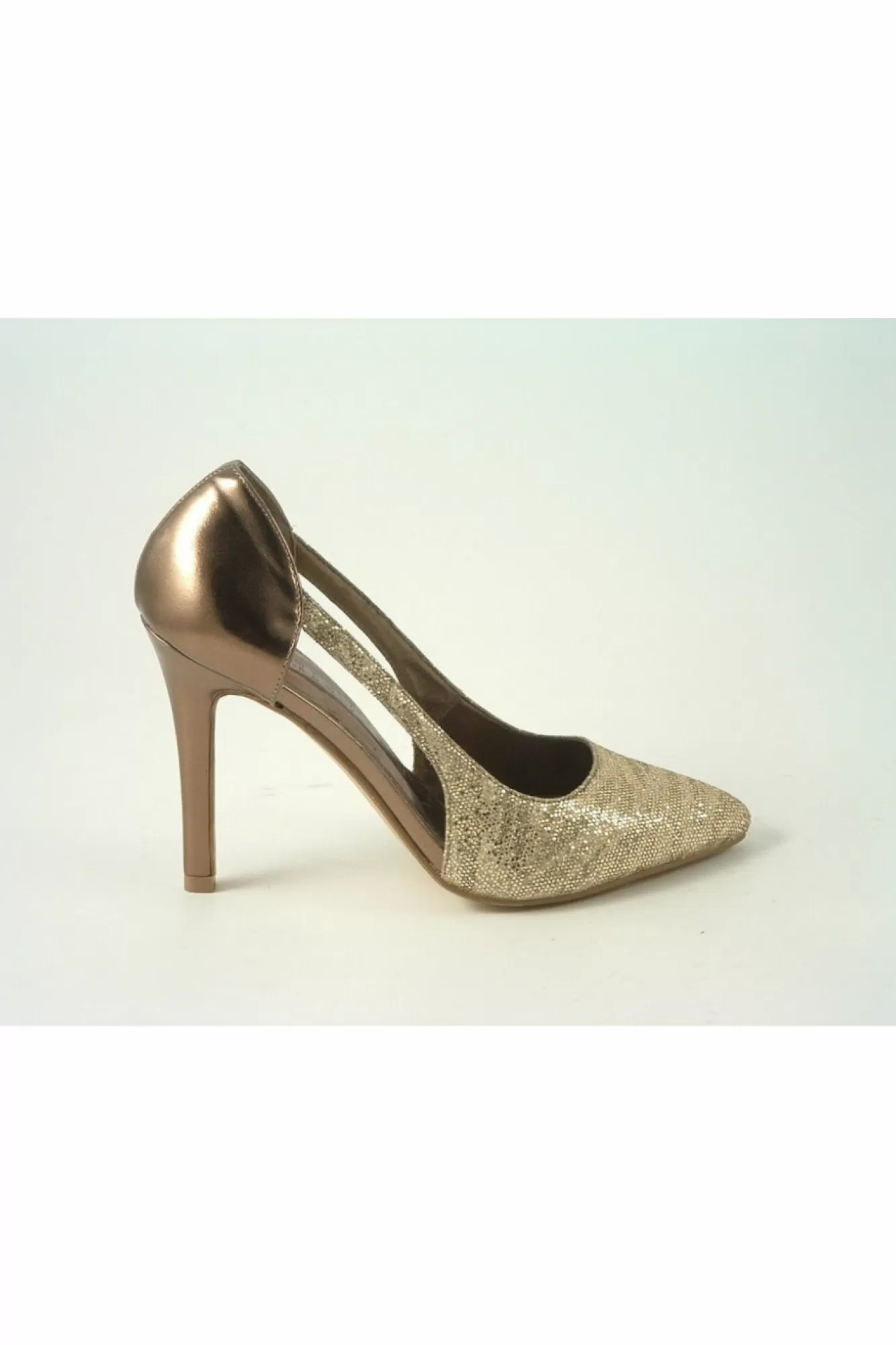 High Heels^Glitz Shoes Glimmer Glamour N Glitz Metallic Open Side Shoe Bronze