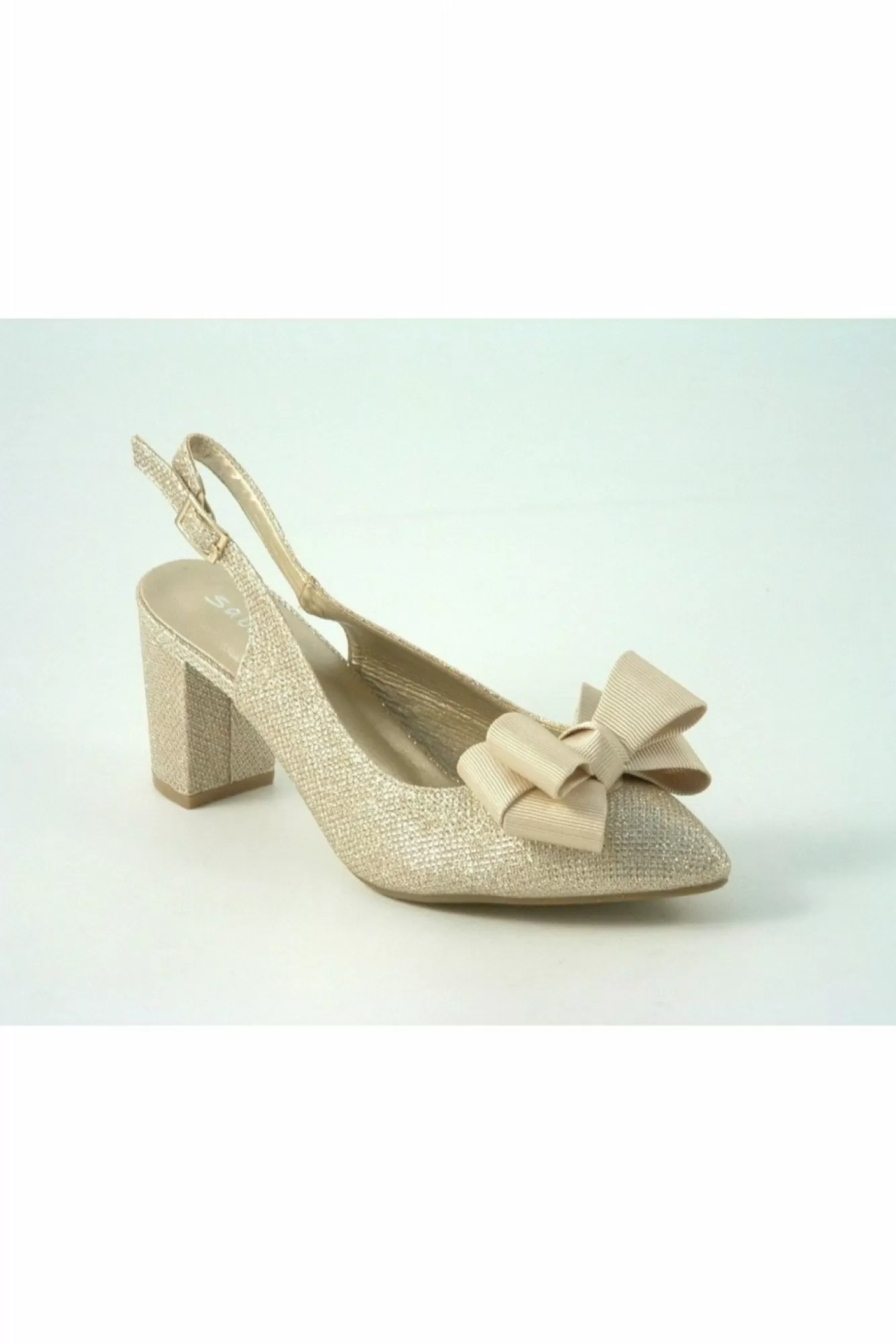 Mid Heels^Glitz Shoes Glitter Bowed Sling Back Court Shoe Champagne
