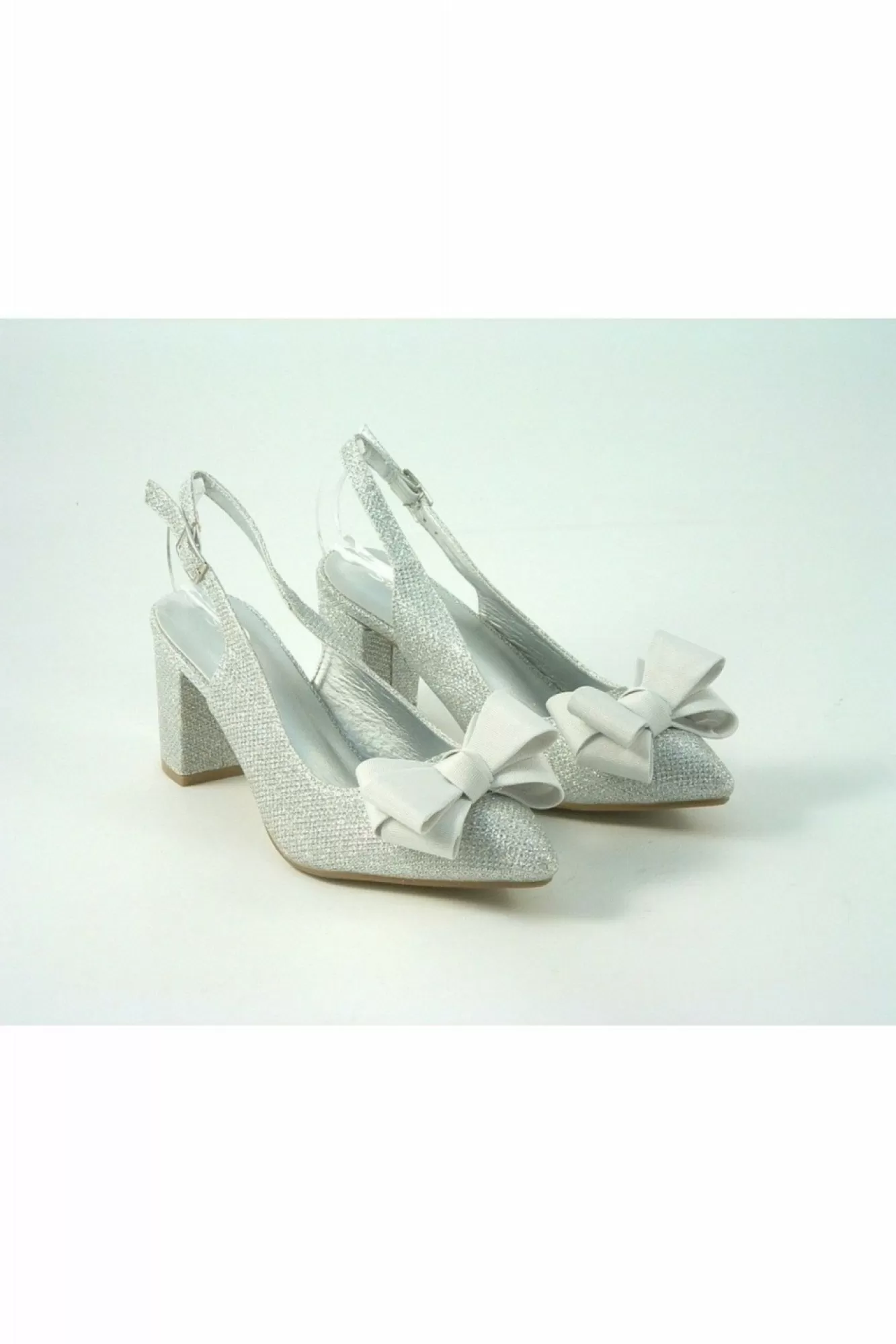 Mid Heels^Glitz Shoes Glitter Bowed Sling Back Court Shoe Silver
