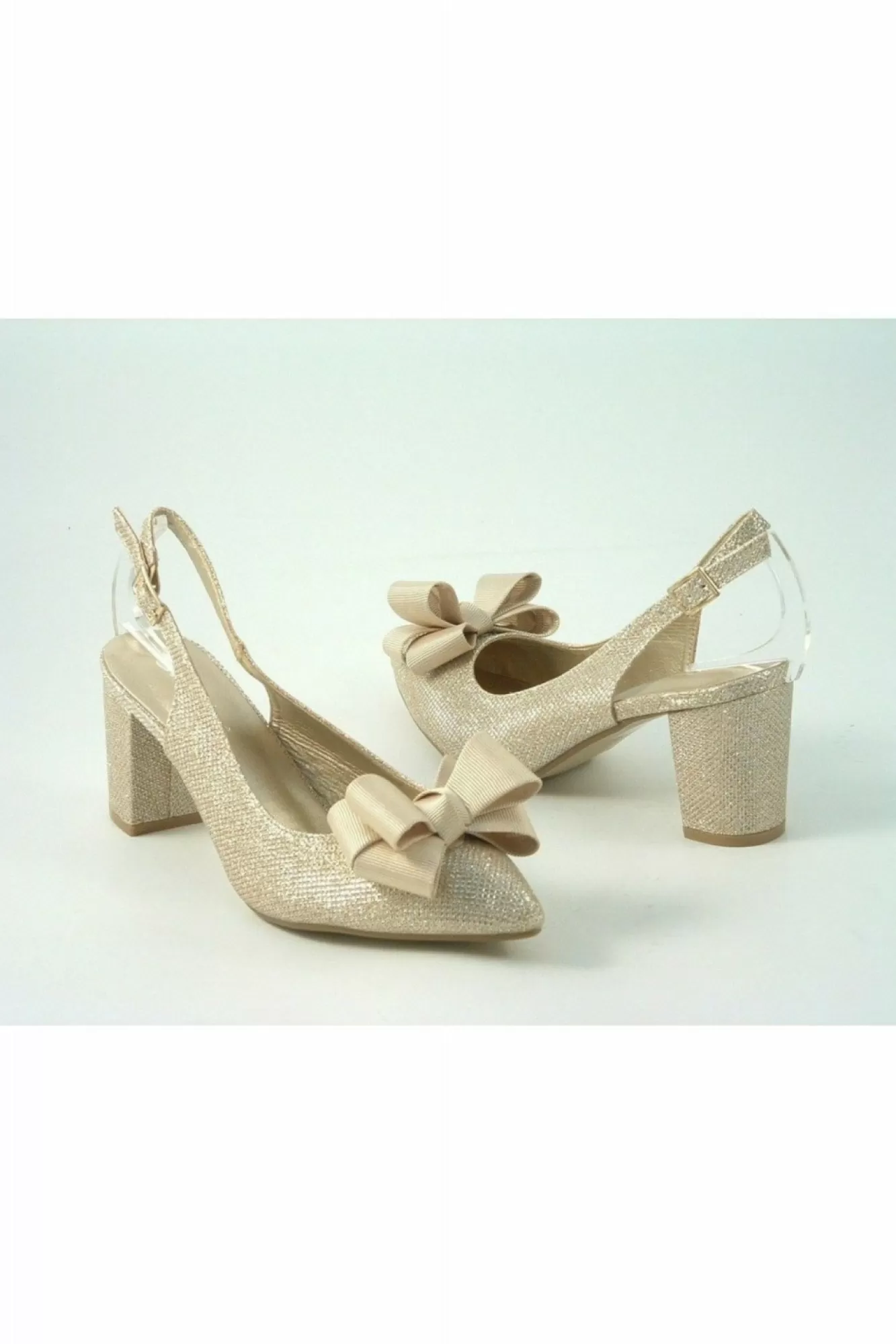Mid Heels^Glitz Shoes Glitter Bowed Sling Back Court Shoe Champagne