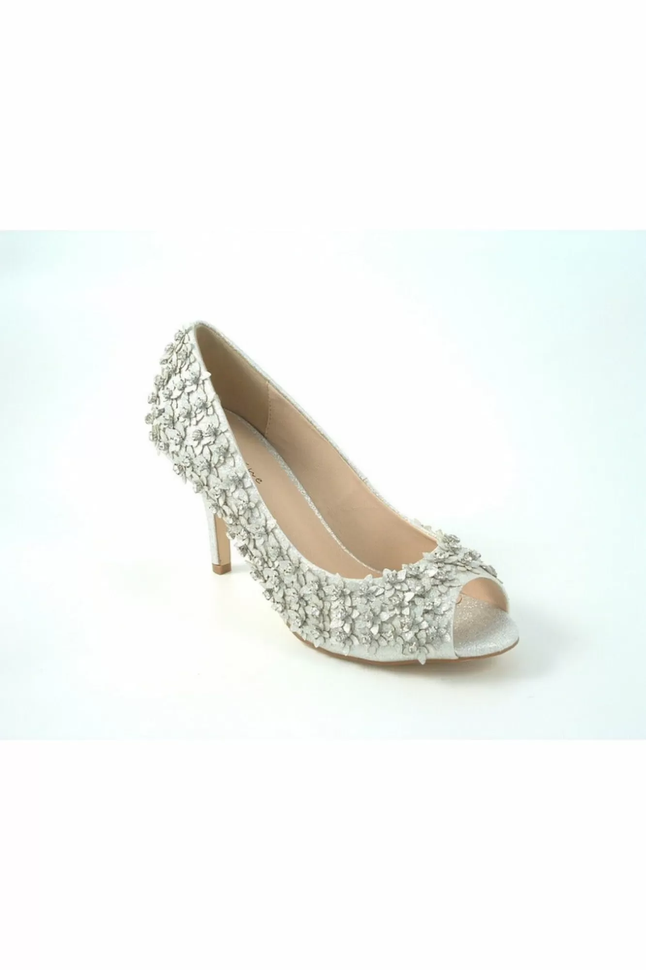 Mid Heels^Glitz Shoes Mid Heel Flower Peep Toe Court Shoes Silver