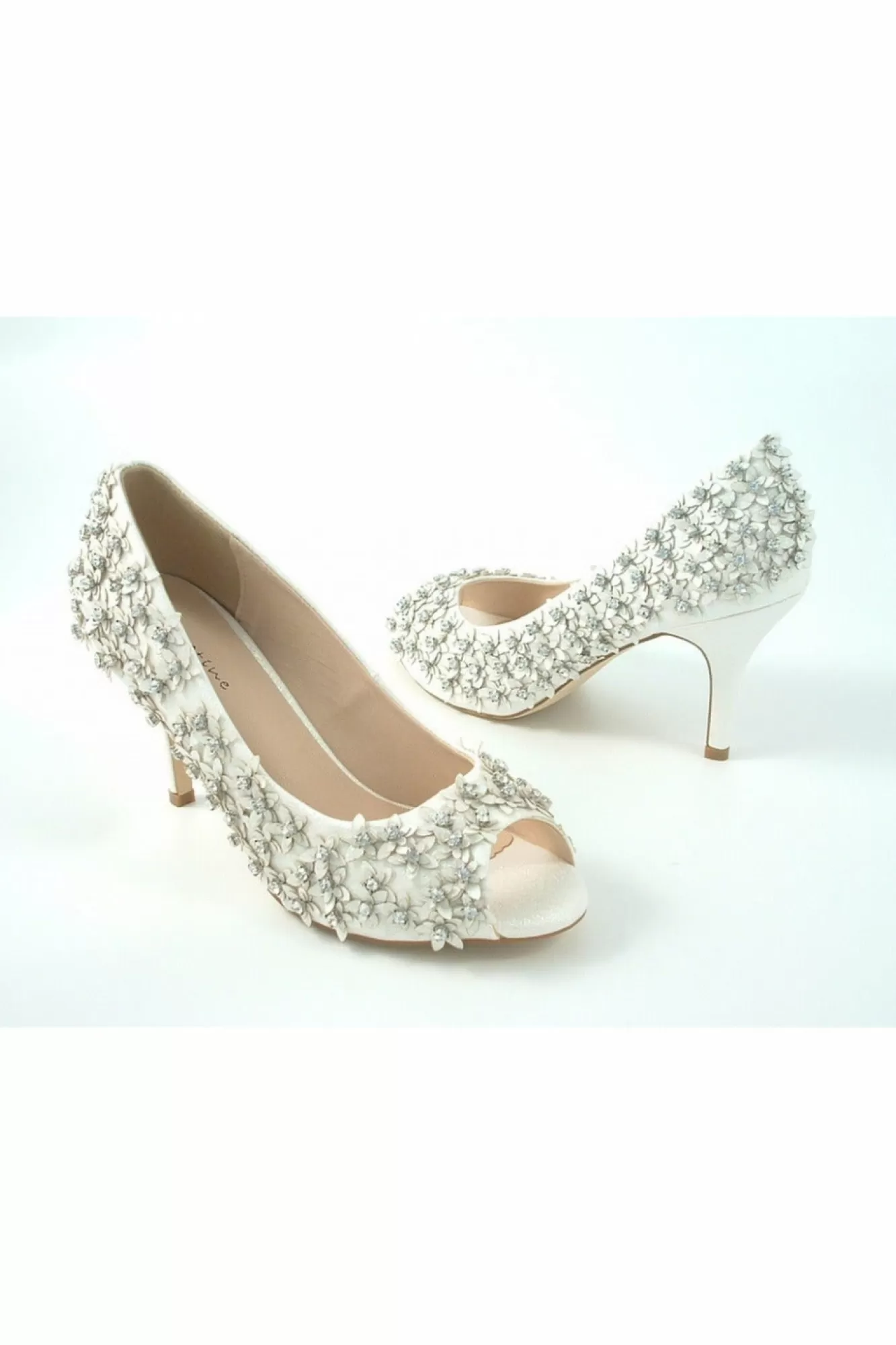 Mid Heels^Glitz Shoes Mid Heel Flower Peep Toe Court Shoes Ivory