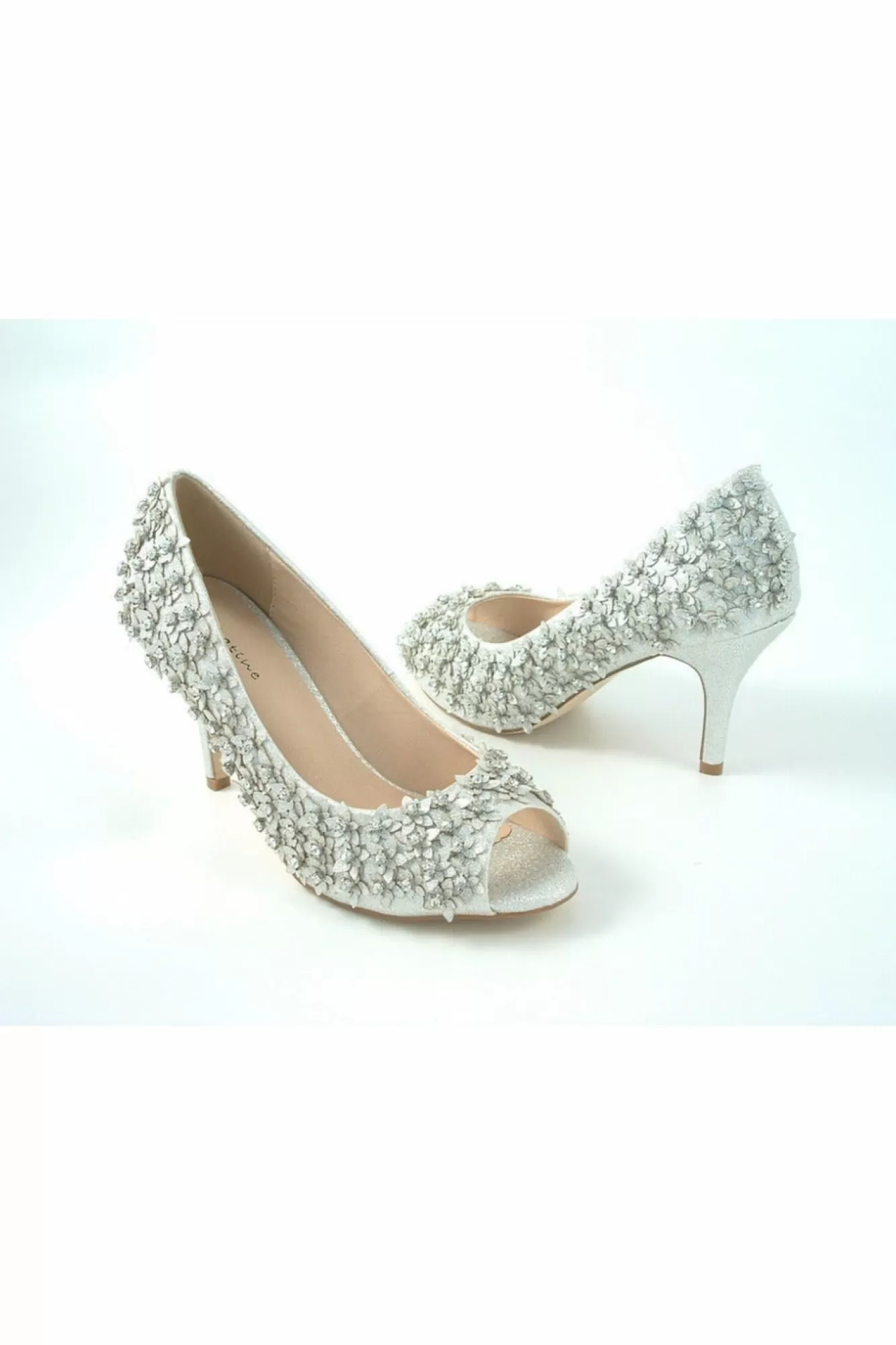 Mid Heels^Glitz Shoes Mid Heel Flower Peep Toe Court Shoes Silver