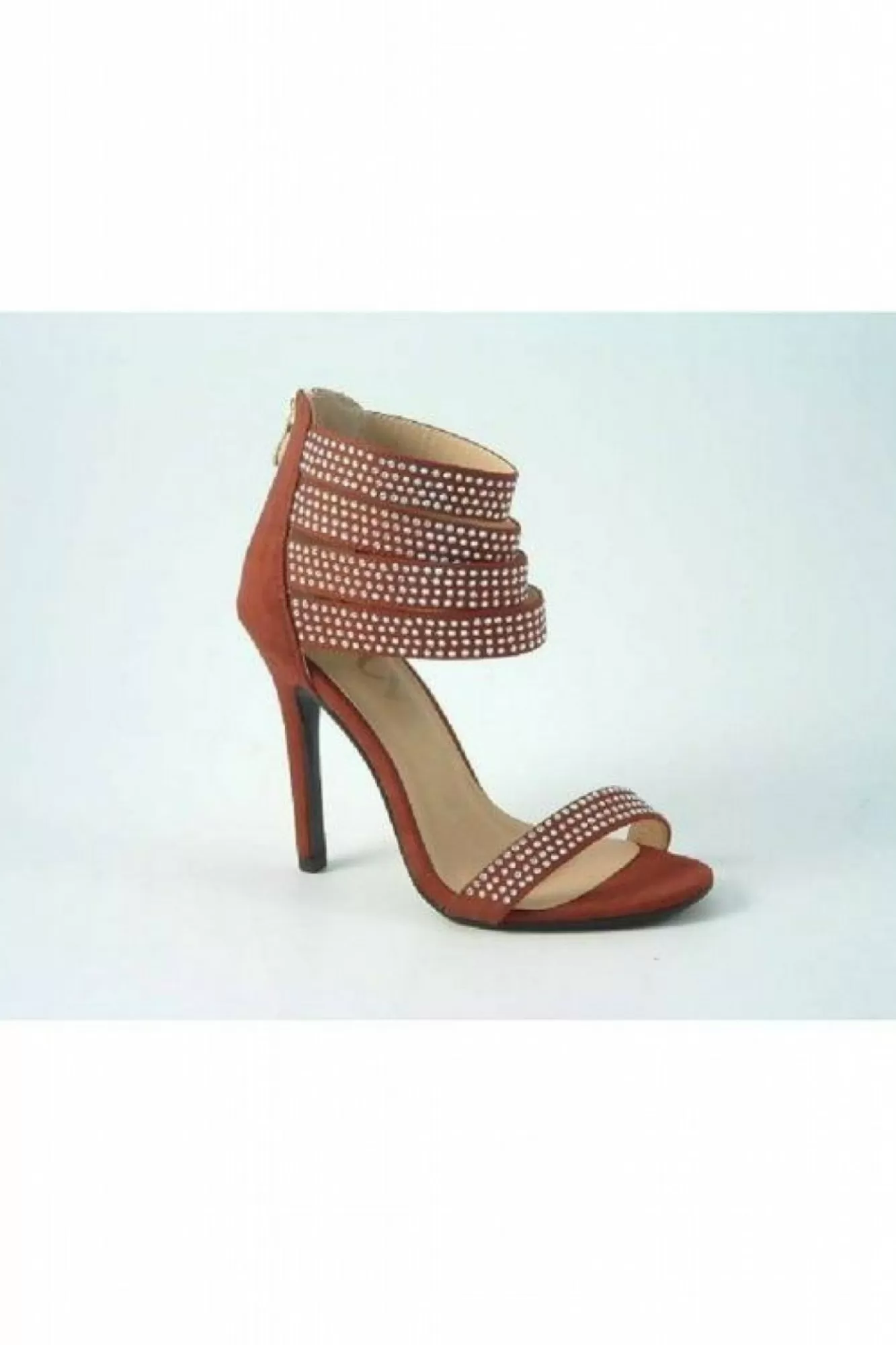 Sandals^Glitz Shoes Ora Divine Diamante Faux Suede Strap Heeled Sand Red