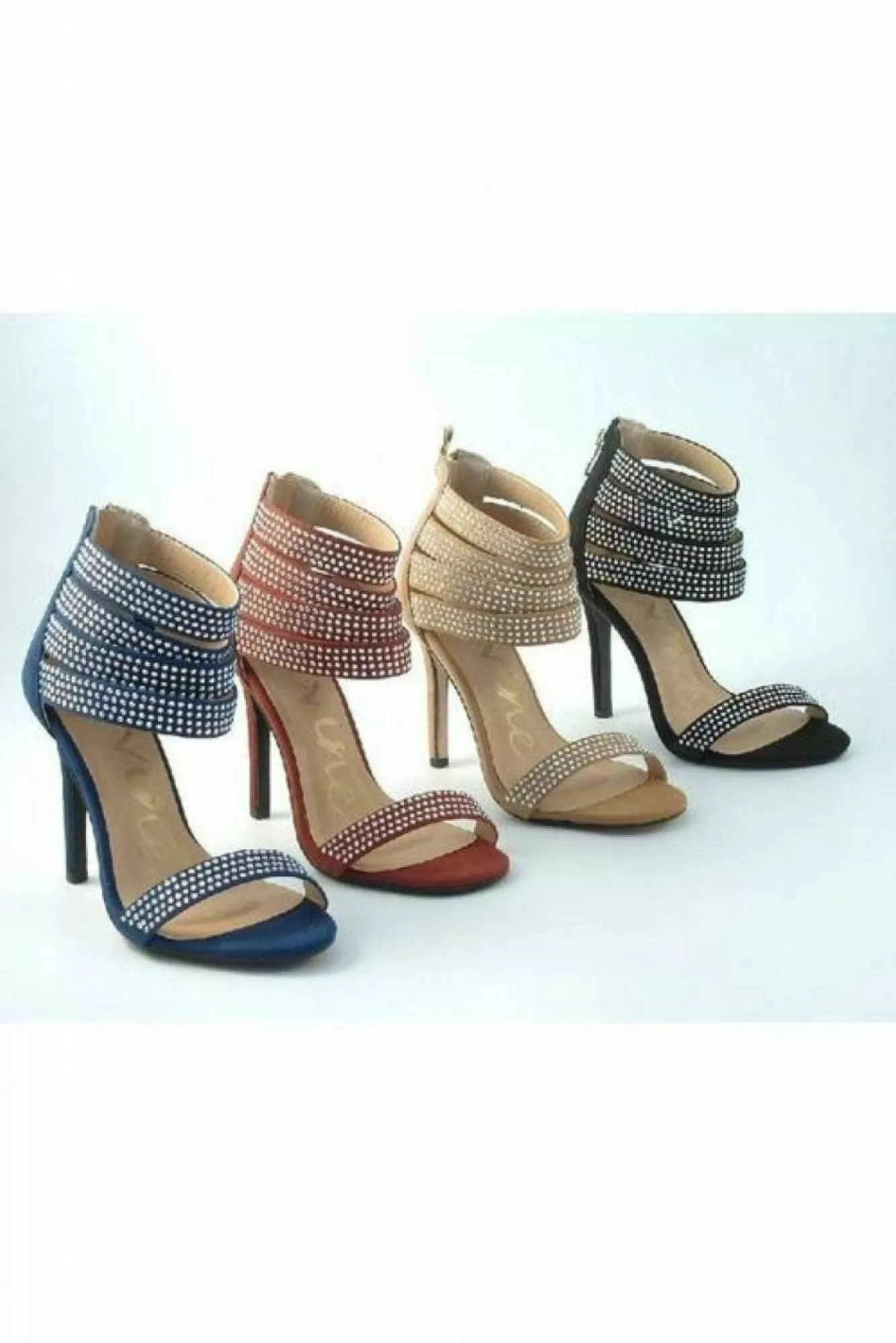 Sandals^Glitz Shoes Ora Divine Diamante Faux Suede Strap Heeled Sand Red