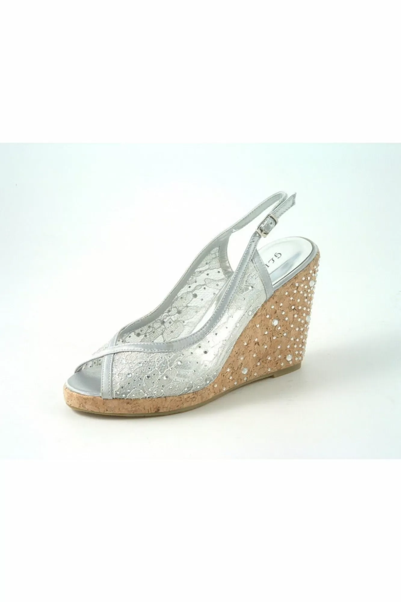 Sandals^Glitz Shoes Satin Peep Toe Diamante Wedge Sandal Silver