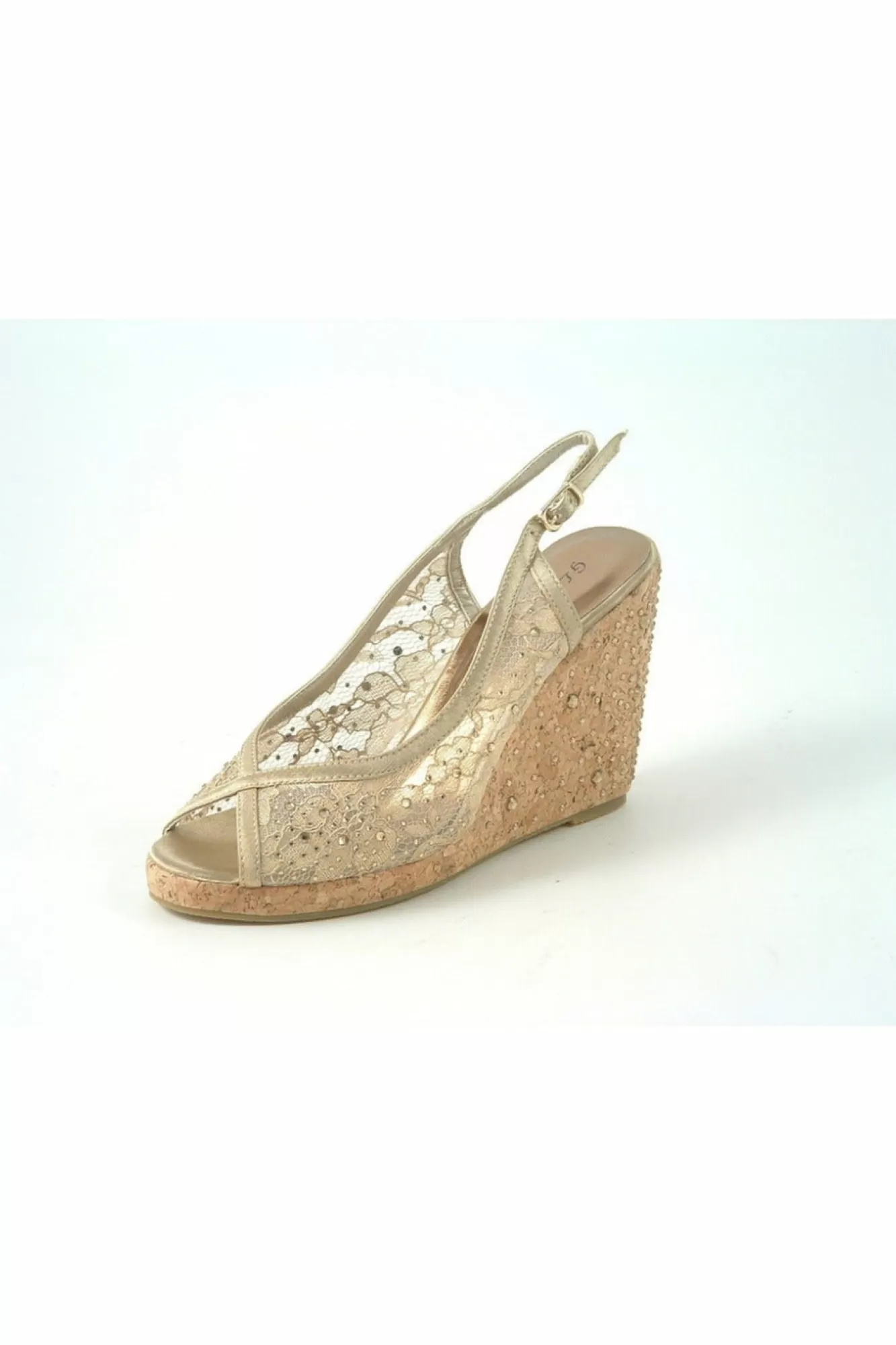 Sandals^Glitz Shoes Satin Peep Toe Diamante Wedge Sandal Champagne