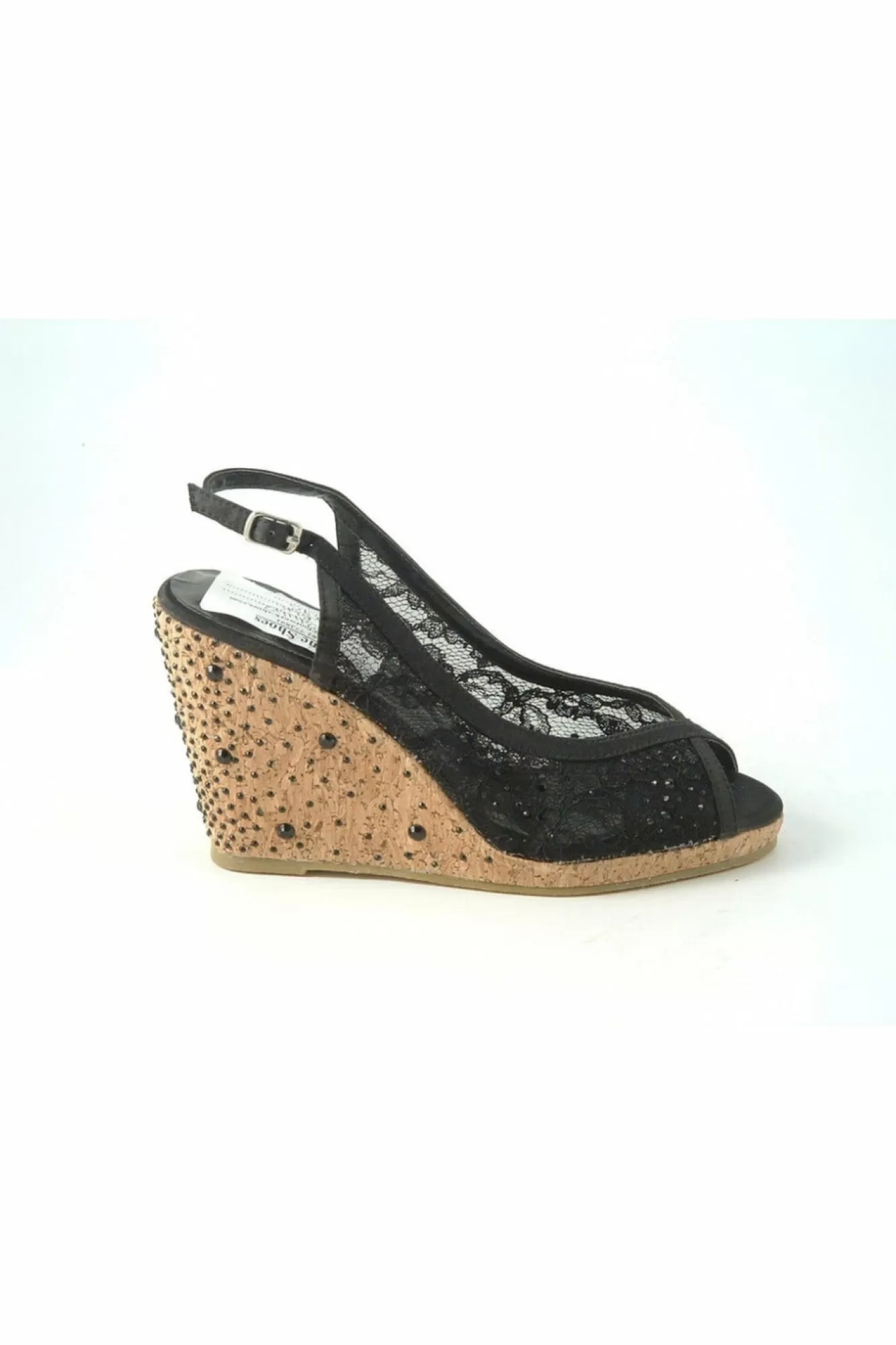 Sandals^Glitz Shoes Satin Peep Toe Diamante Wedge Sandal Black