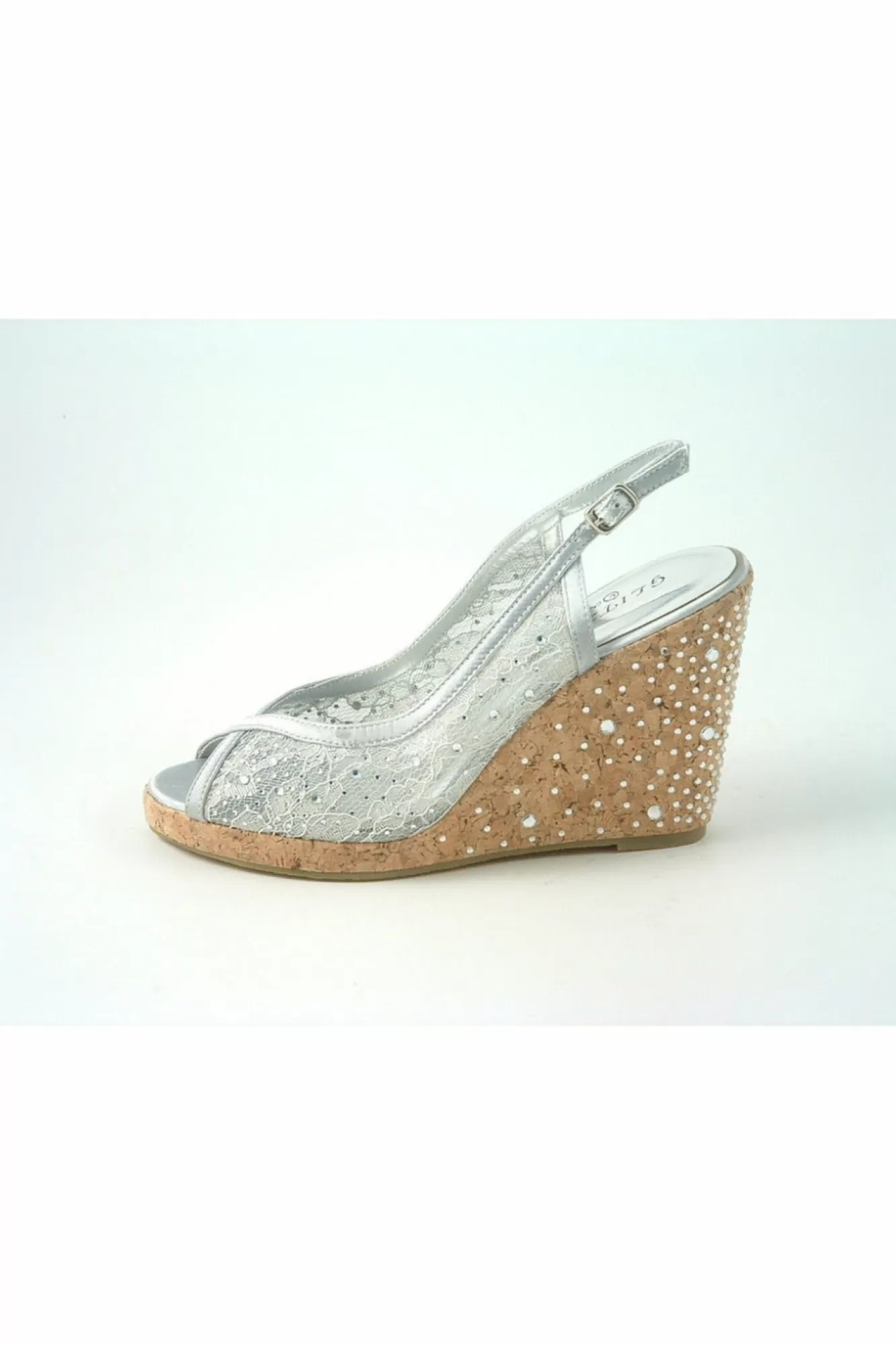 Sandals^Glitz Shoes Satin Peep Toe Diamante Wedge Sandal Silver