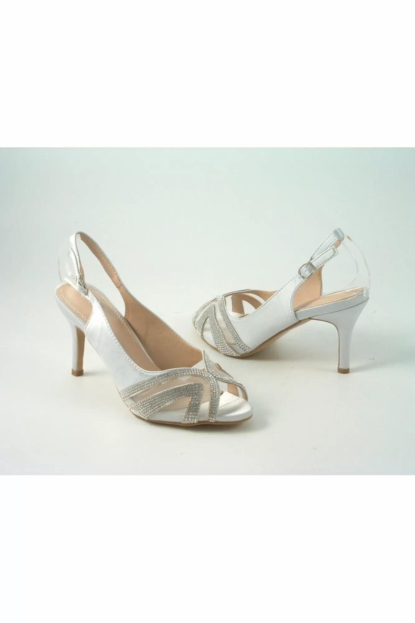 Mid Heels^Glitz Shoes Sienna Diamante Peep Toe Sling Back Mid Heel Silver