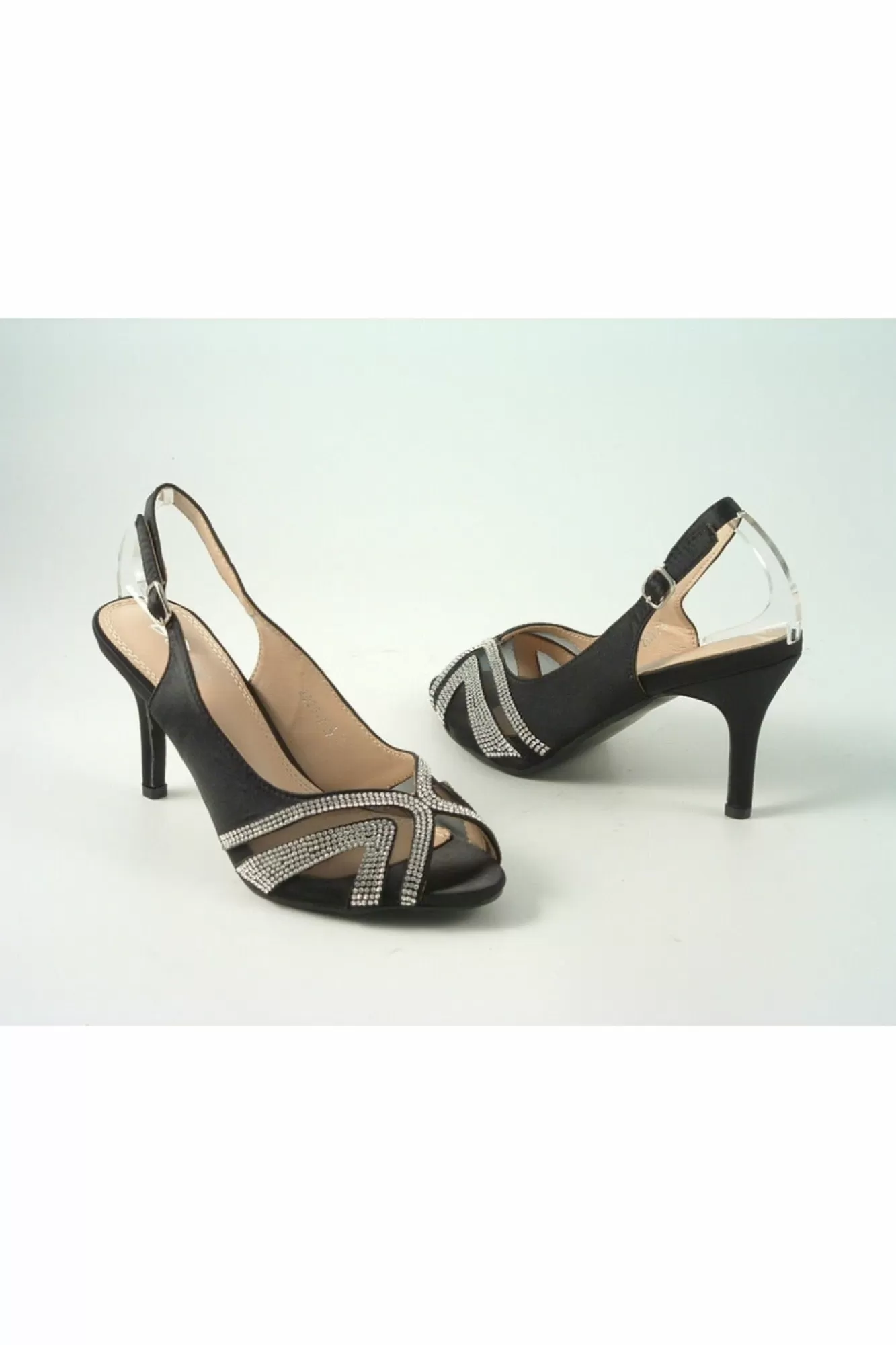 Mid Heels^Glitz Shoes Sienna Diamante Peep Toe Sling Back Mid Heel Black
