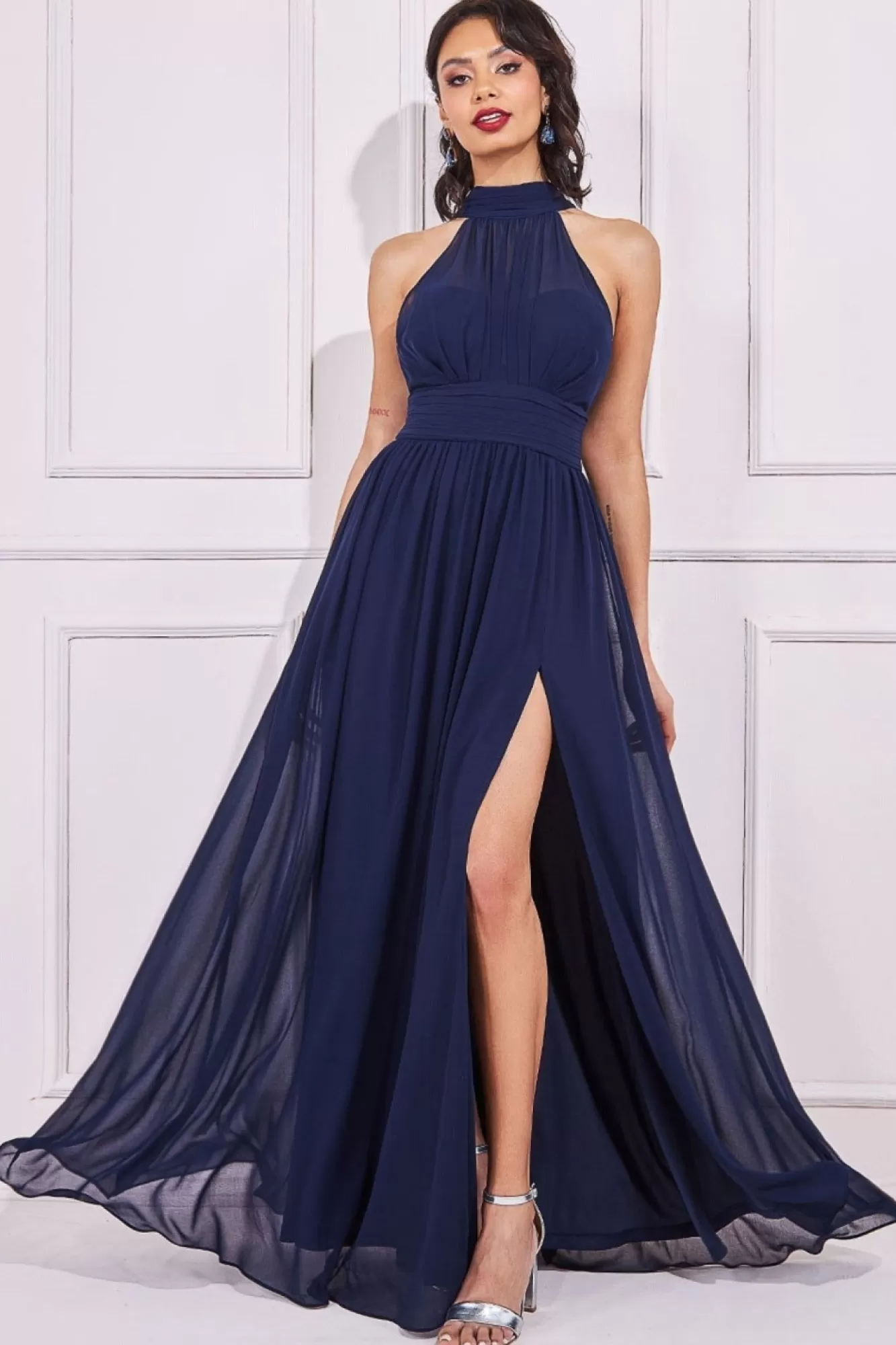 Maxi Dresses^* Halterneck Chiffon Maxi With Thigh Split Navy