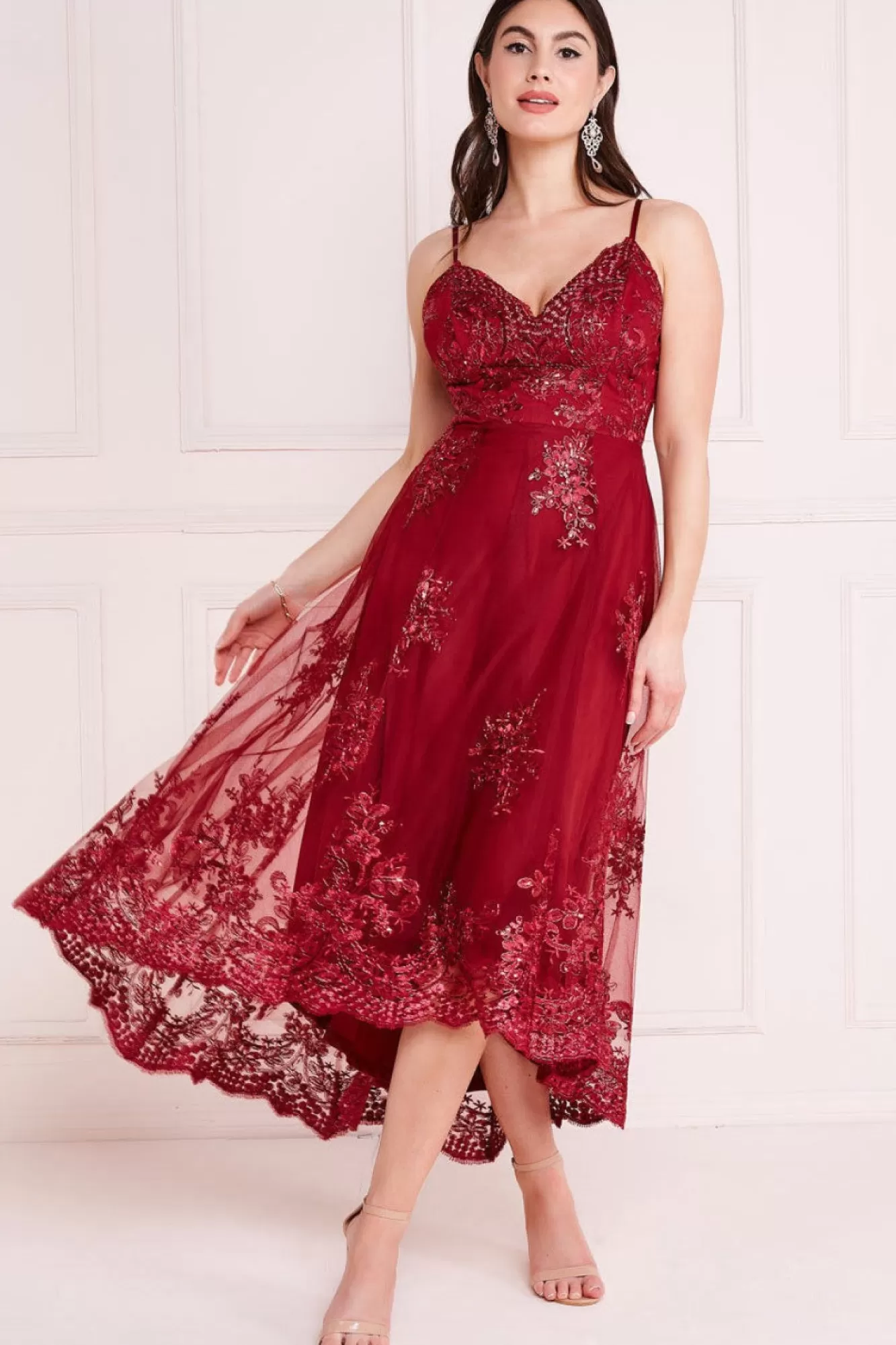 Midi Dresses^* High Low Scalloped Midi Dress Burgundy