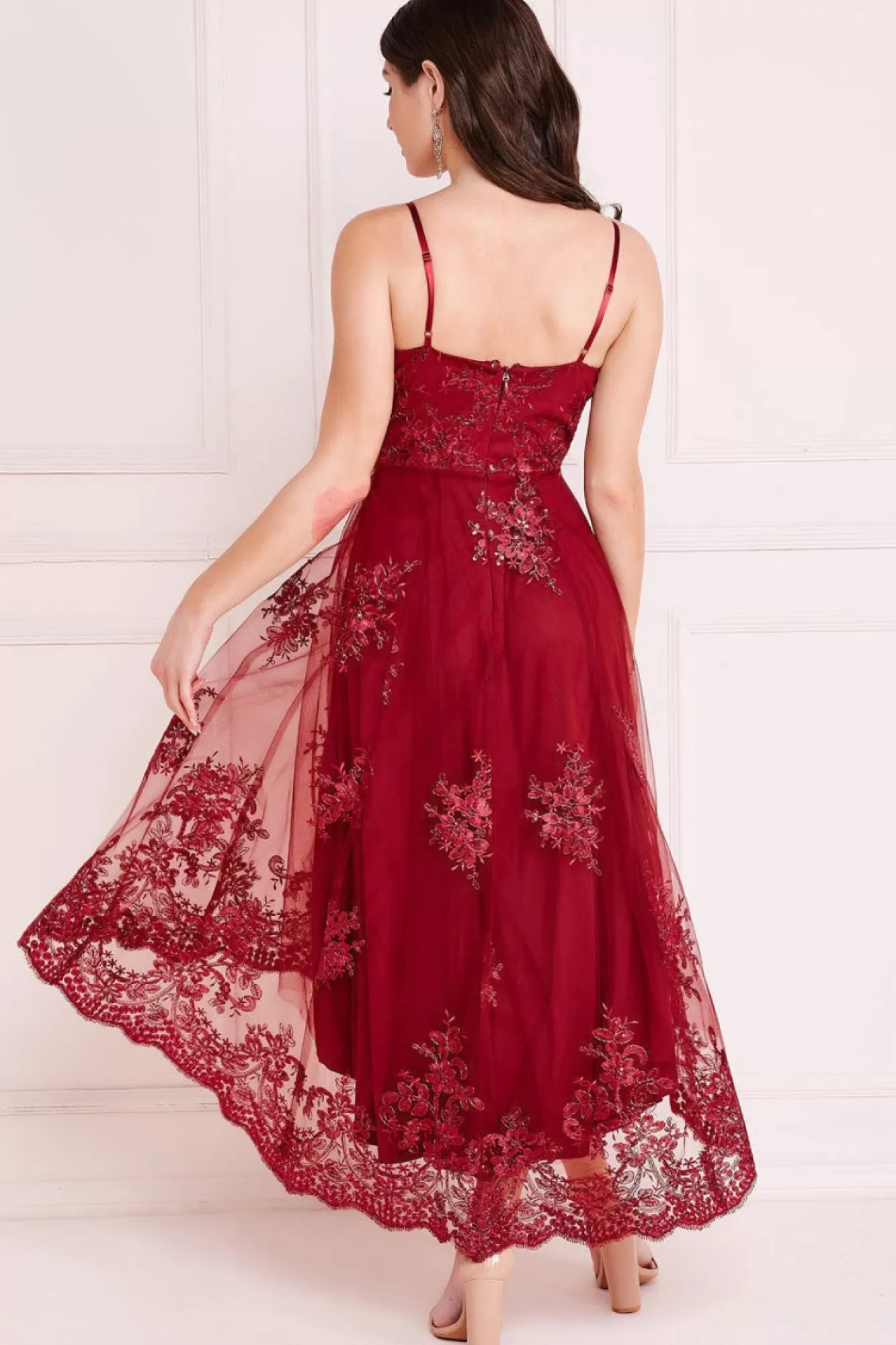 Midi Dresses^* High Low Scalloped Midi Dress Burgundy