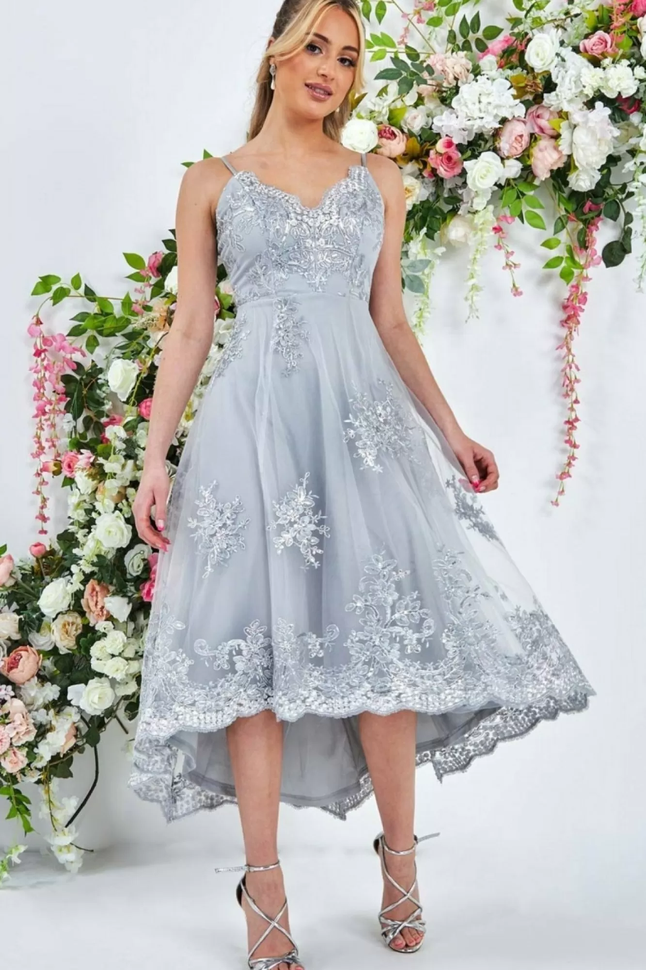 Midi Dresses^* High Low Scalloped Midi Dress Silver
