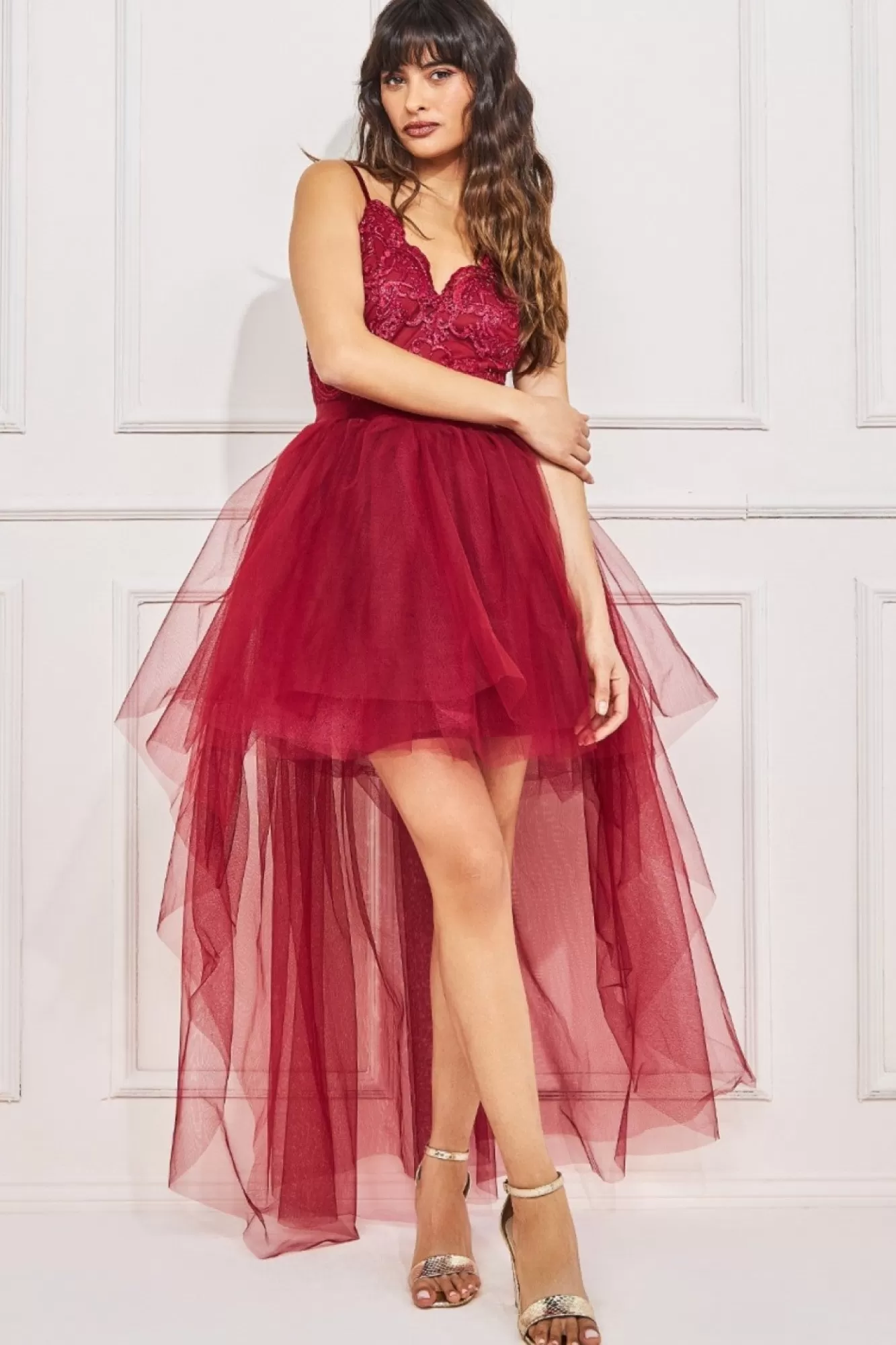 Midi Dresses^* High Low Tulle Midi With Lace Bodice Wine