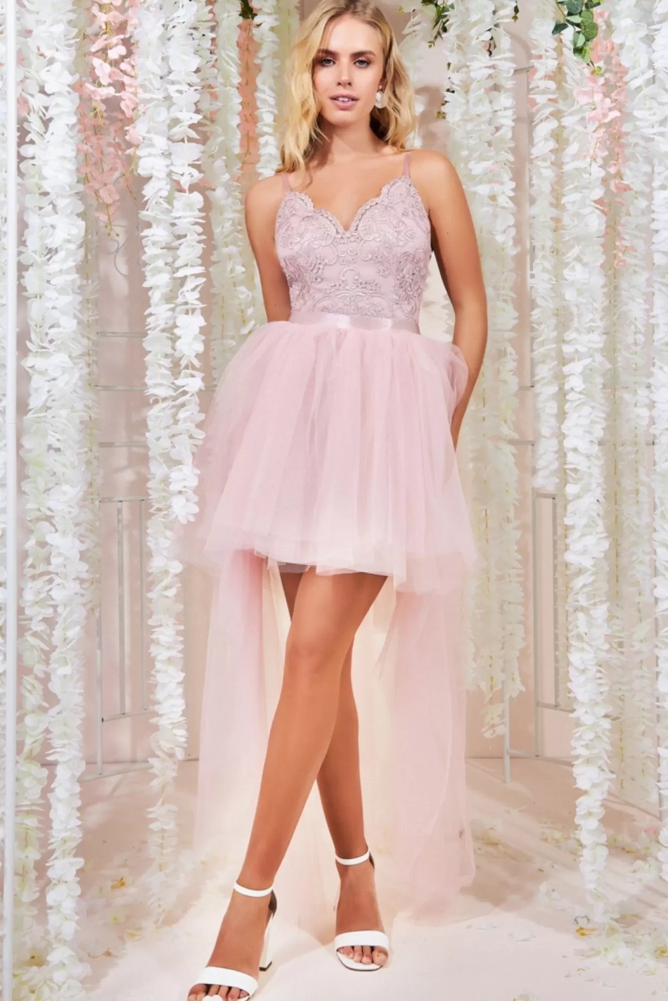 Midi Dresses^* High Low Tulle Midi With Lace Bodice Blush