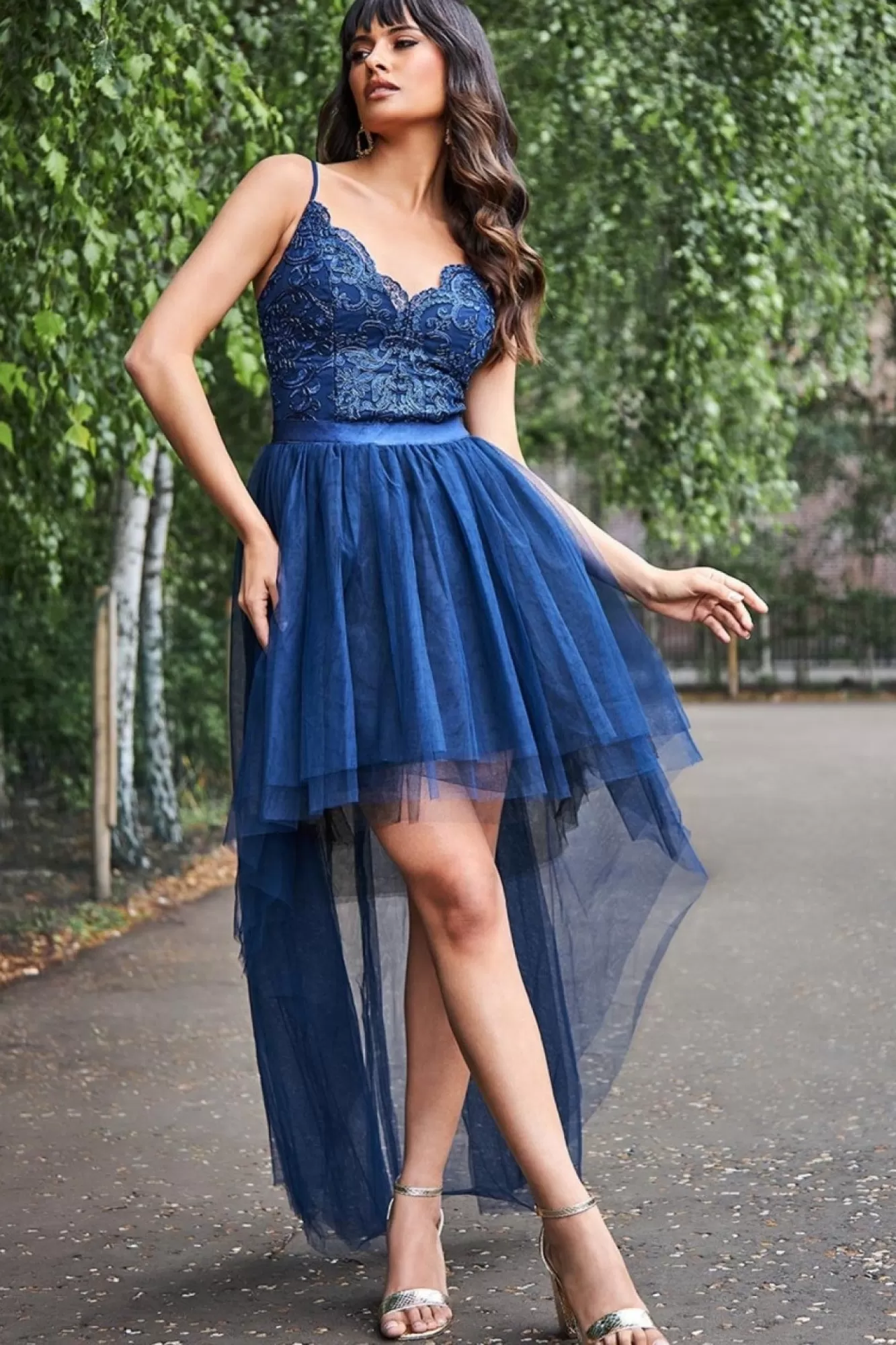 Midi Dresses^* High Low Tulle Midi With Lace Bodice Navy