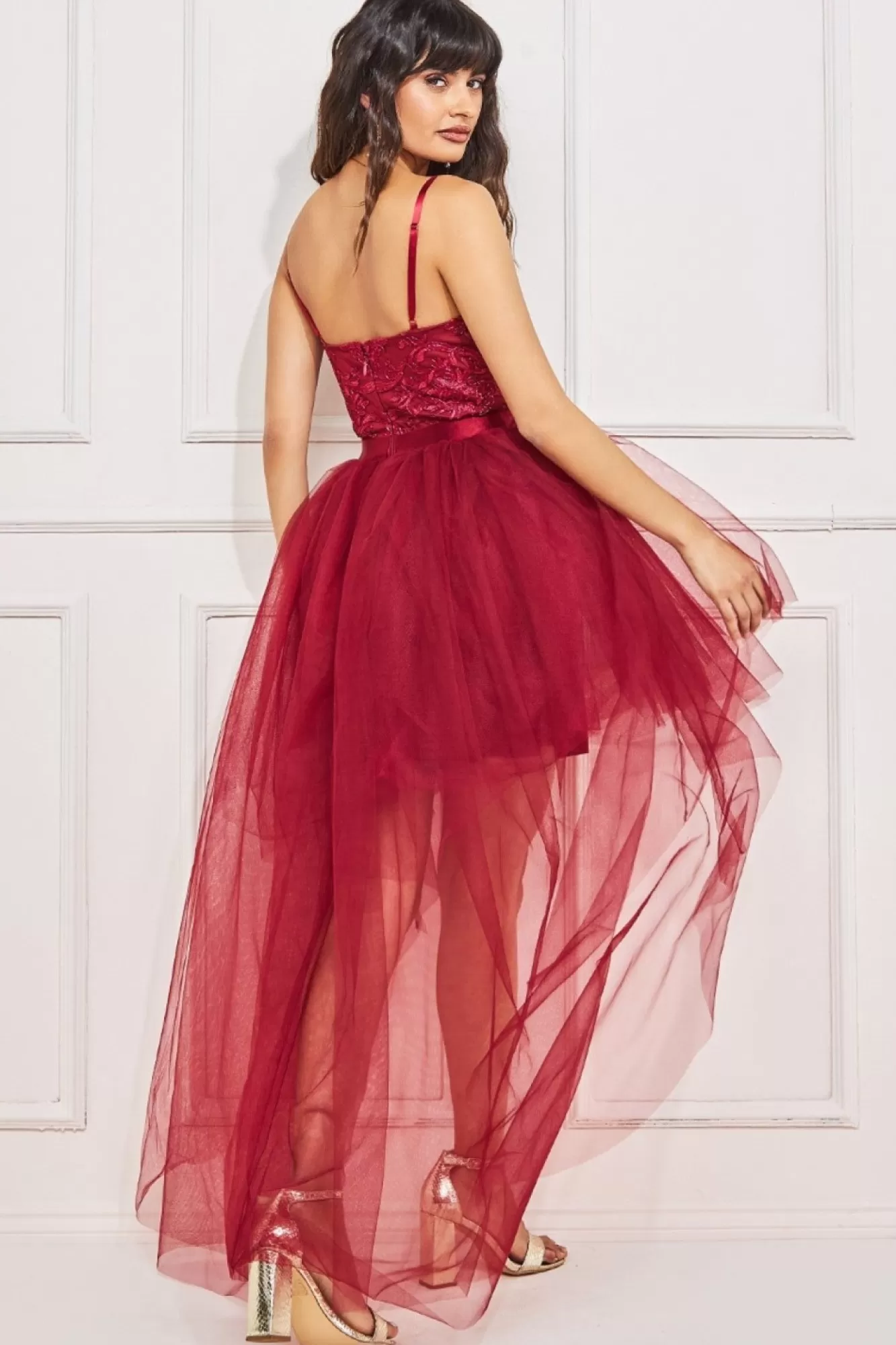 Midi Dresses^* High Low Tulle Midi With Lace Bodice Wine