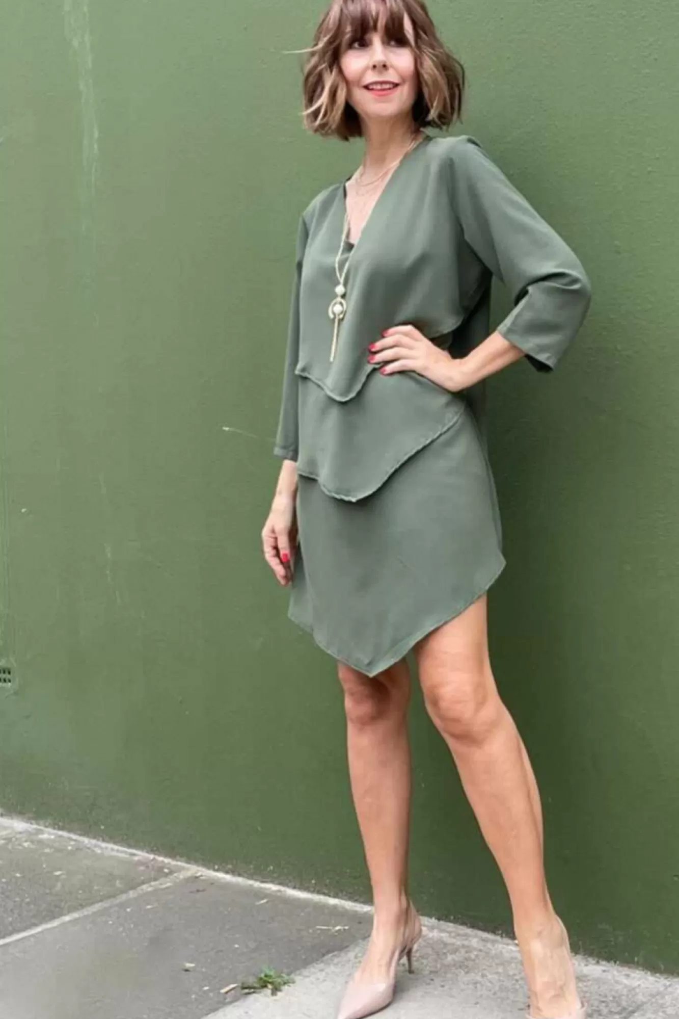 Blouses^Hoxton Gal 3/4 Sleeves V Neck Oversize Layered Tunic Khaki