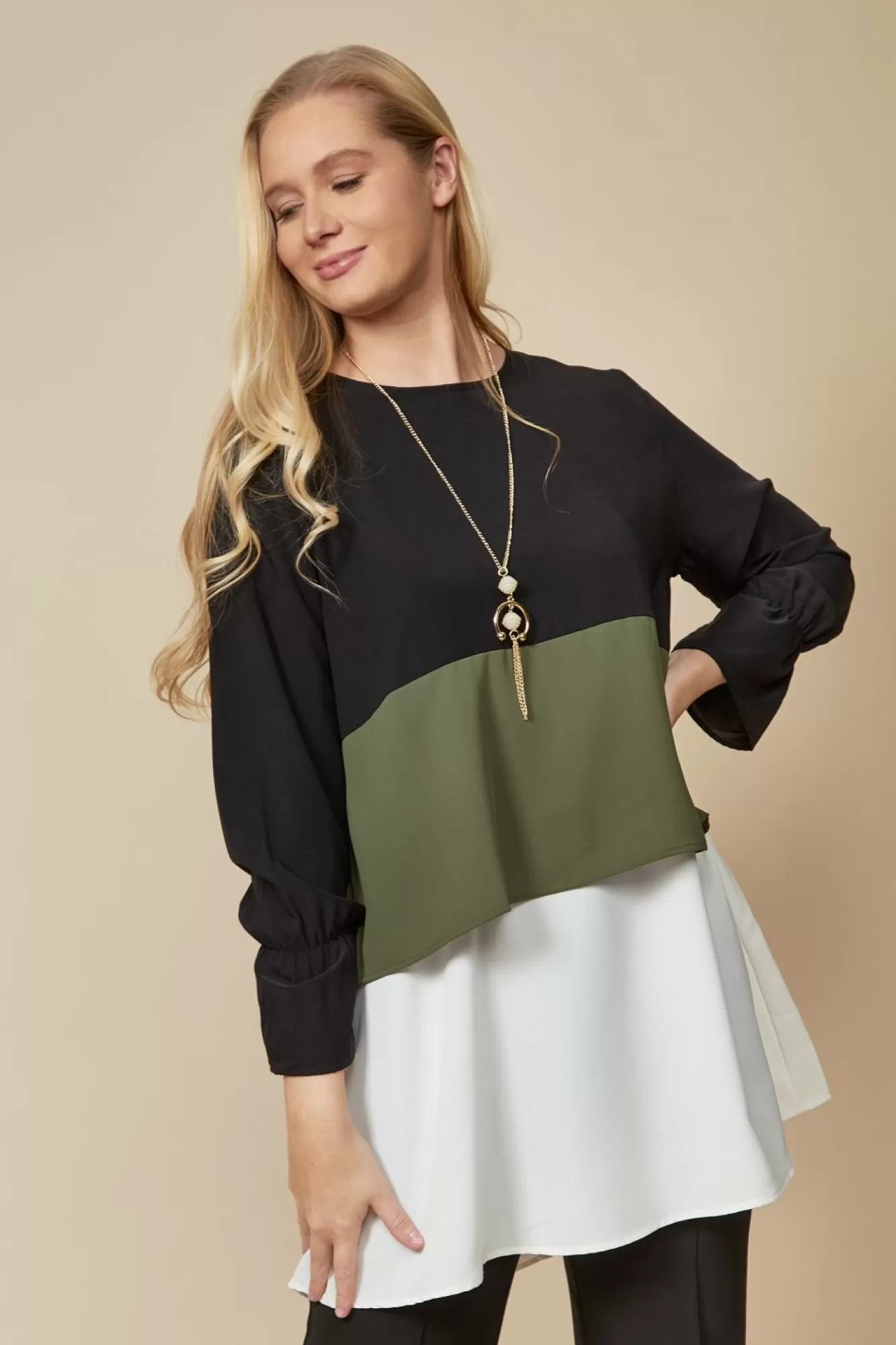 Blouses^Hoxton Gal Colour Block Top With Necklace- Black,Khaki White Blackkhakiwhite