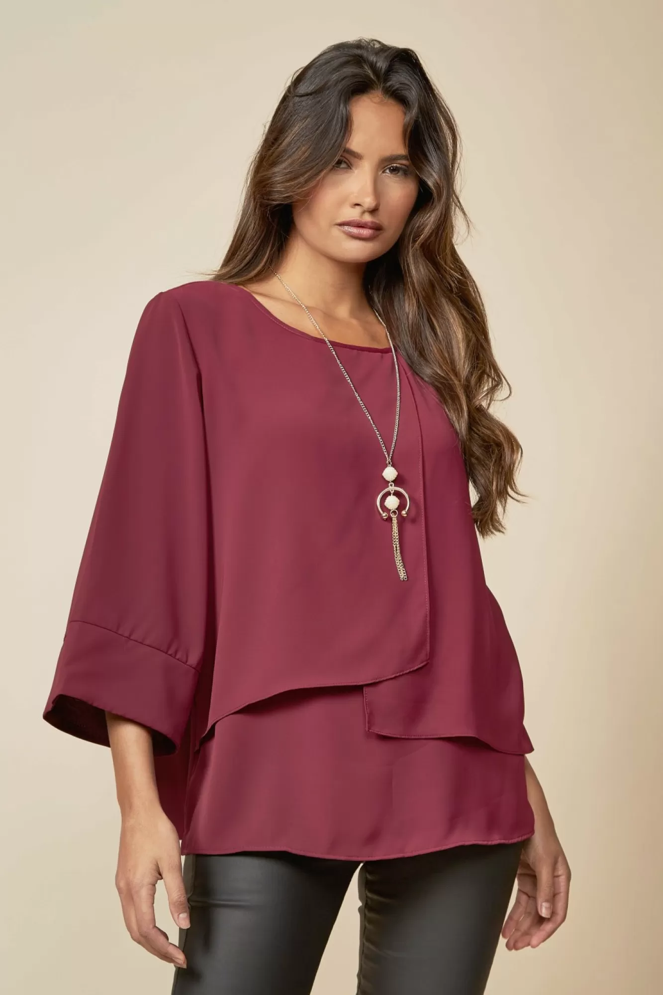 Blouses^Hoxton Gal Layered Top 3/4 Sleeve With Necklace