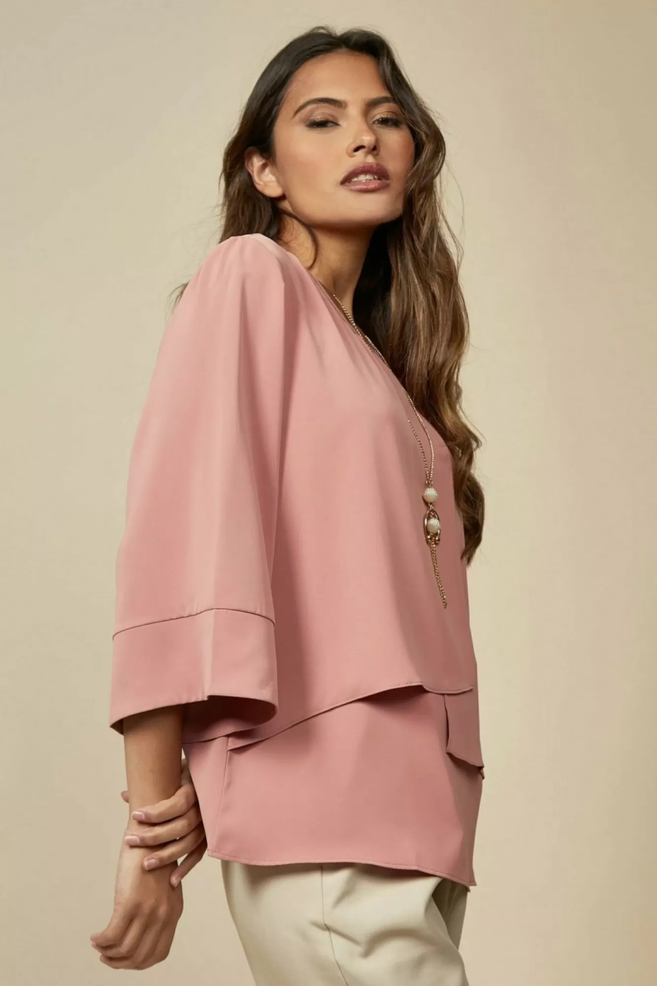 Blouses^Hoxton Gal Layered Top 3/4 Sleeve With Necklace