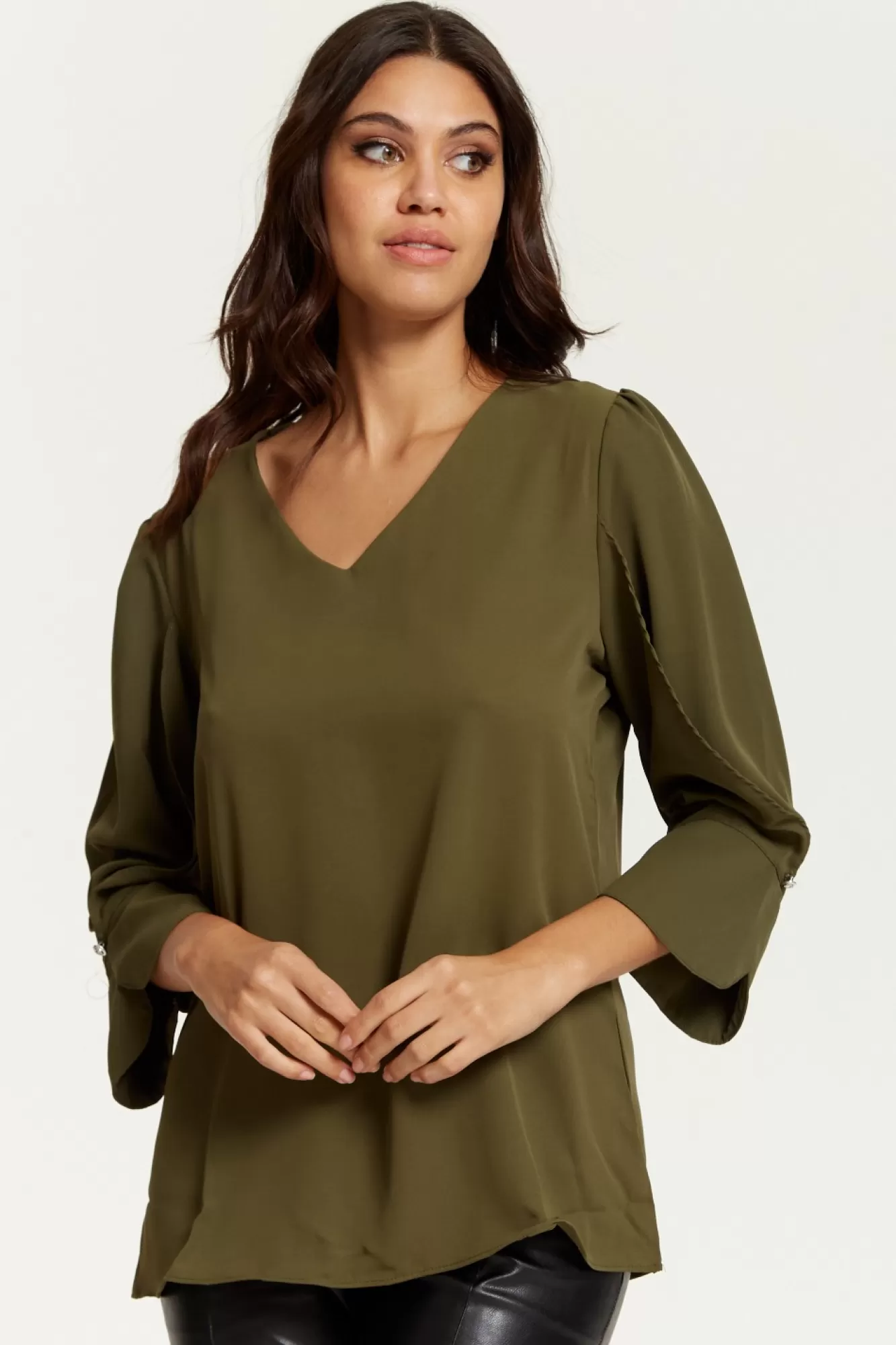Blouses^Hoxton Gal Long Sleeves Detailed Cuff Blouse With V Neck Khaki