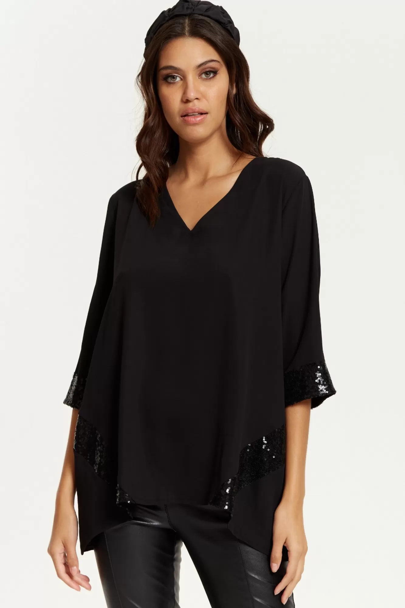 Blouses^Hoxton Gal Oversize V Neck Sequin Detail Satin Top Black