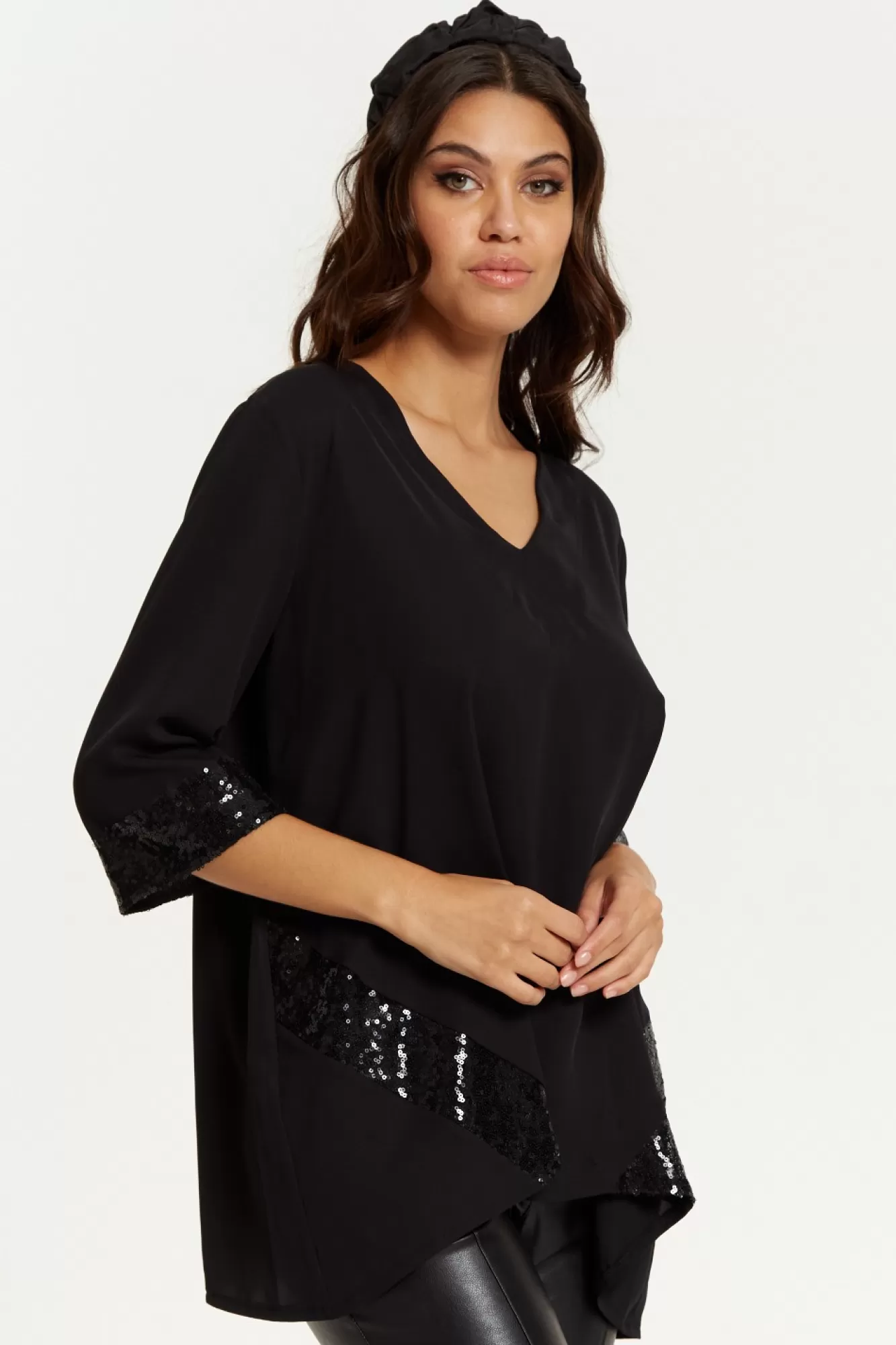 Blouses^Hoxton Gal Oversize V Neck Sequin Detail Satin Top Black