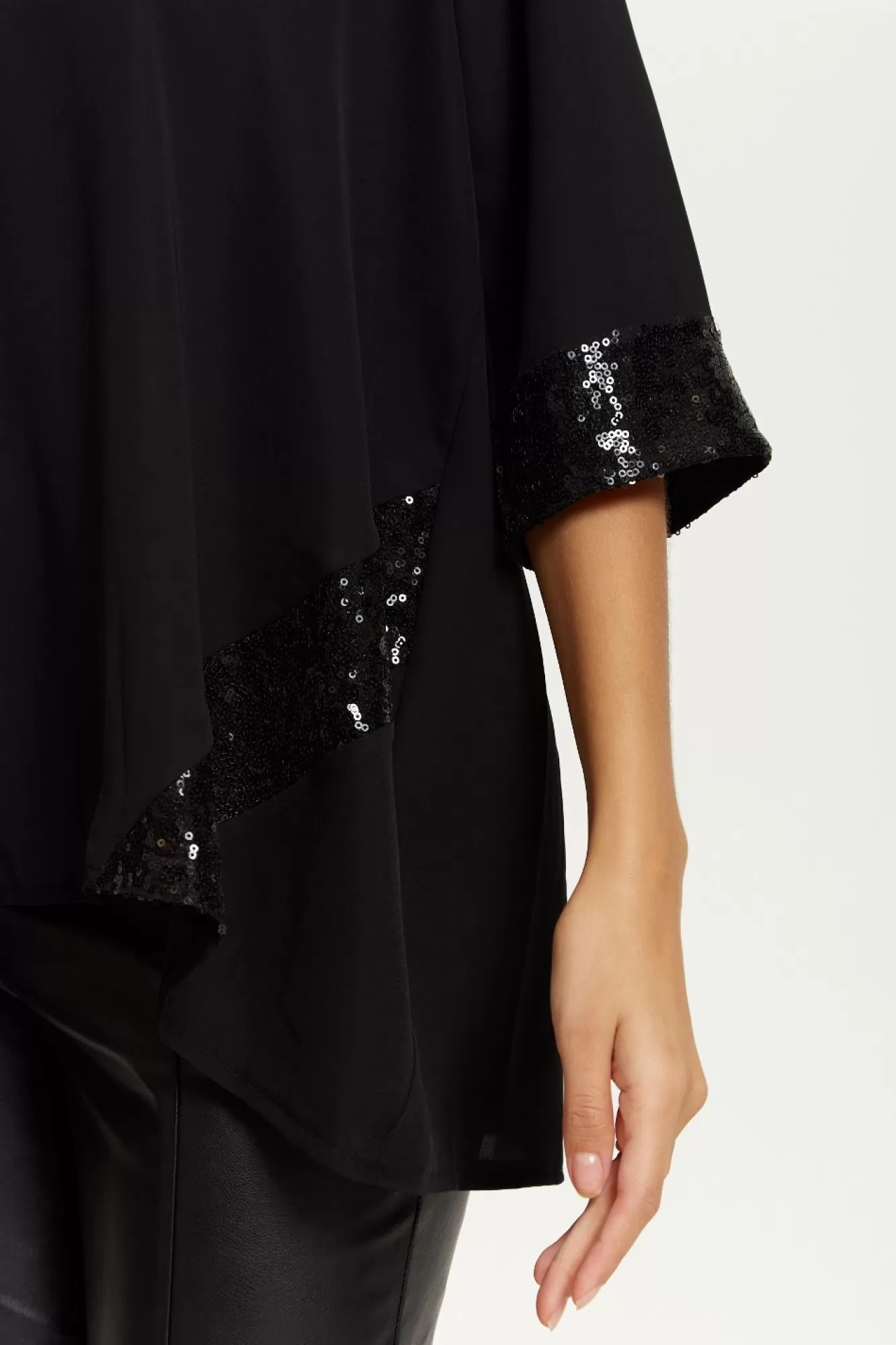 Blouses^Hoxton Gal Oversize V Neck Sequin Detail Satin Top Black