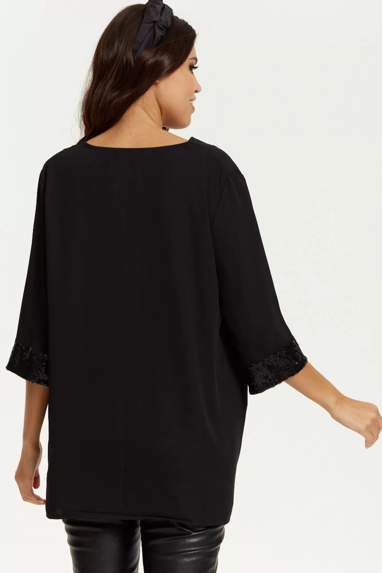 Blouses^Hoxton Gal Oversize V Neck Sequin Detail Satin Top Black