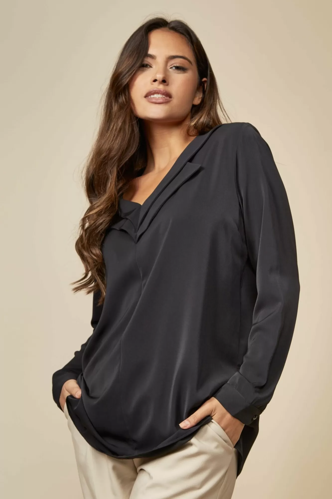 Blouses^Hoxton Gal Oversized Long Sleeve Detail V Neck Top In Black
