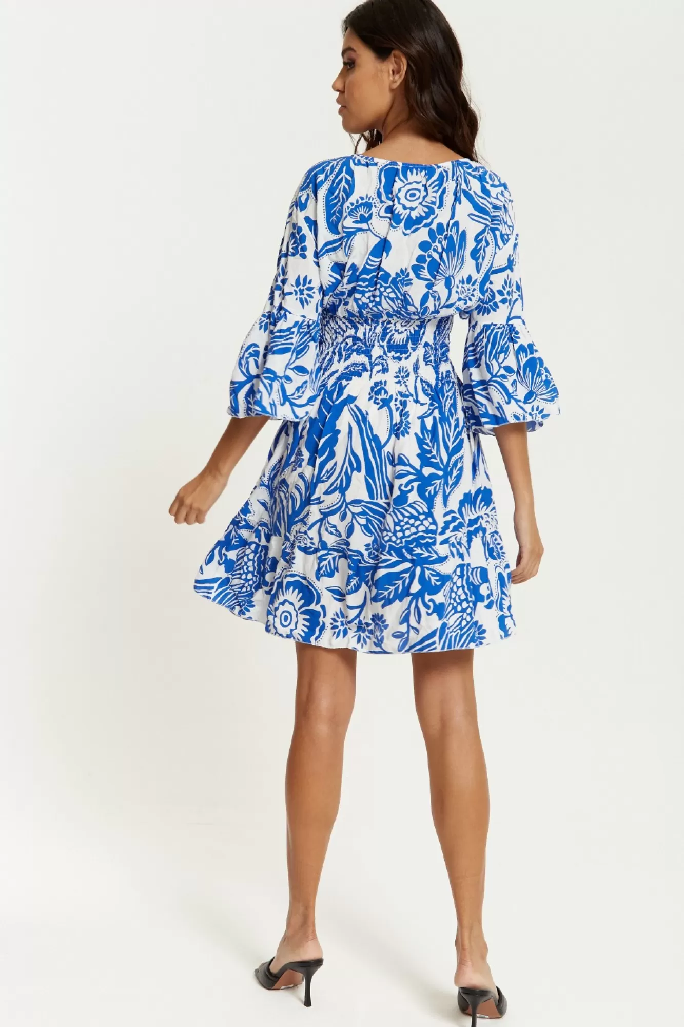 Mini Dresses^Hoxton Gal Oversized V Neck Detailed Floral Print Mini Dress Bluewhite