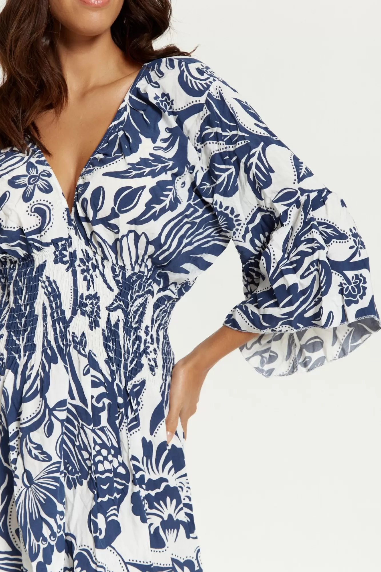 Mini Dresses^Hoxton Gal Oversized V Neck Detailed Floral Print Mini Dress Navywhite