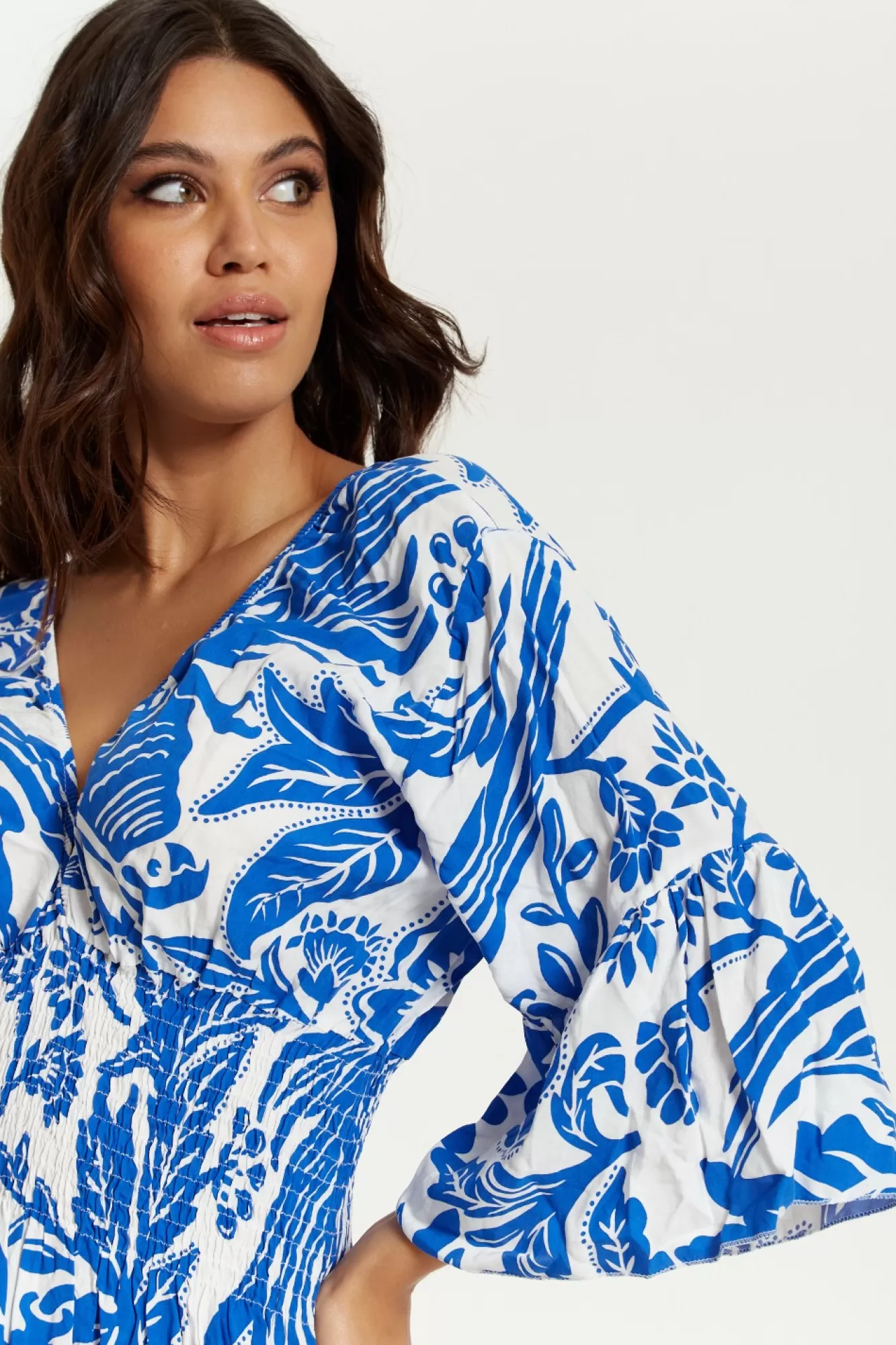 Mini Dresses^Hoxton Gal Oversized V Neck Detailed Floral Print Mini Dress Bluewhite