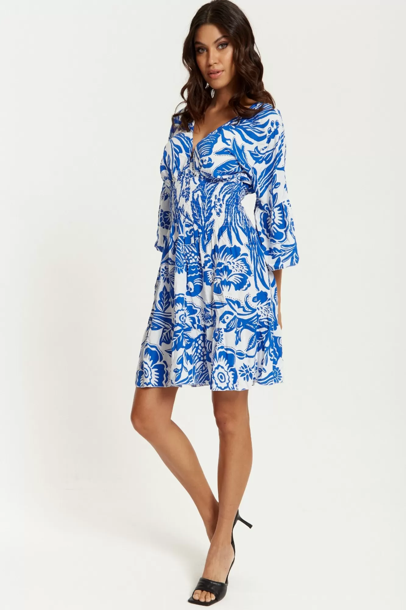 Mini Dresses^Hoxton Gal Oversized V Neck Detailed Floral Print Mini Dress Bluewhite