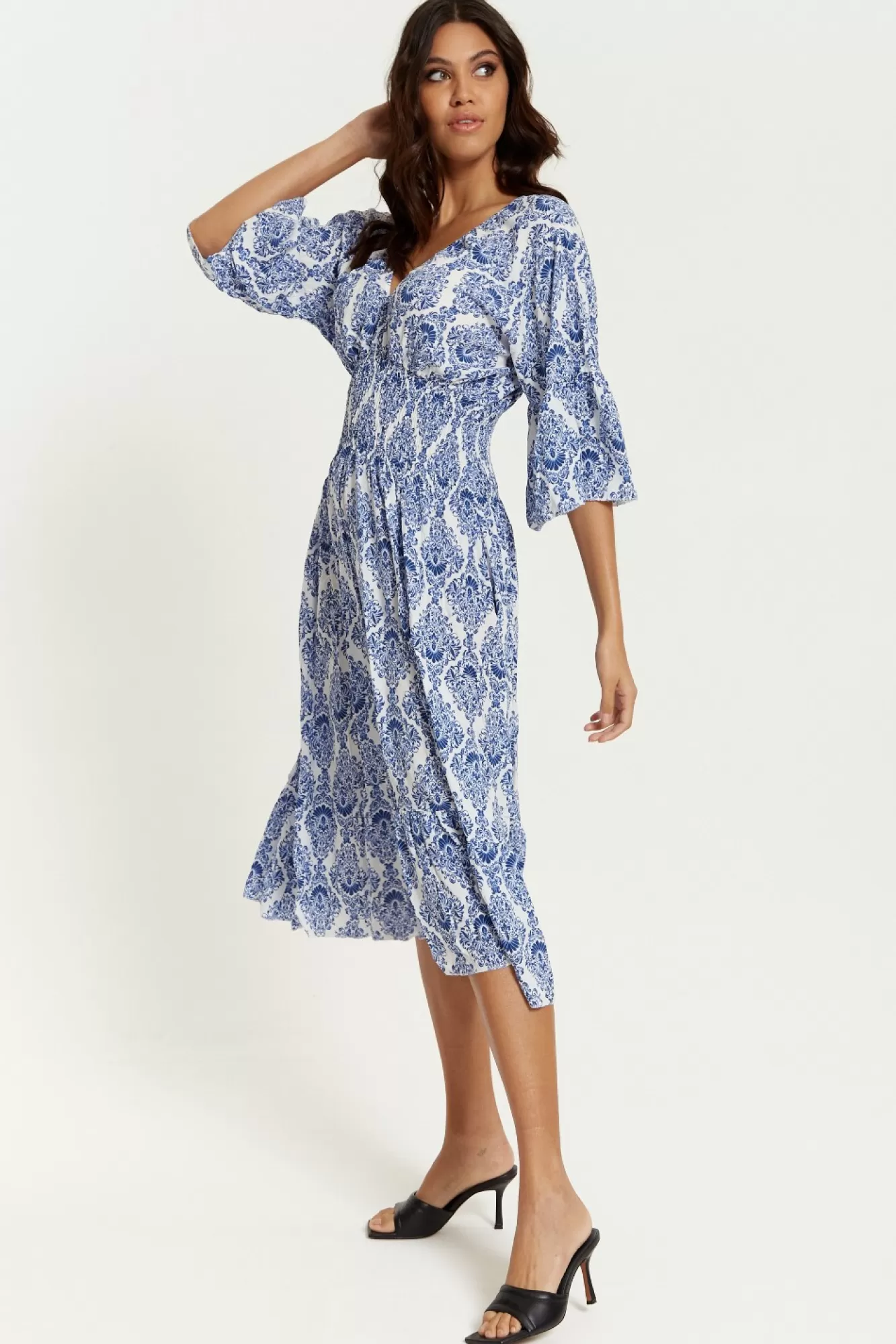 Midi Dresses^Hoxton Gal Oversized V Neck Detailed Printed Midi Dress Blue