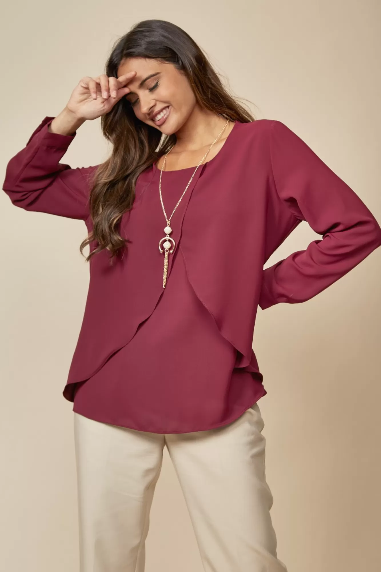 Blouses^Hoxton Gal Relaxed Fit Layered Top With Necklace Burgundy
