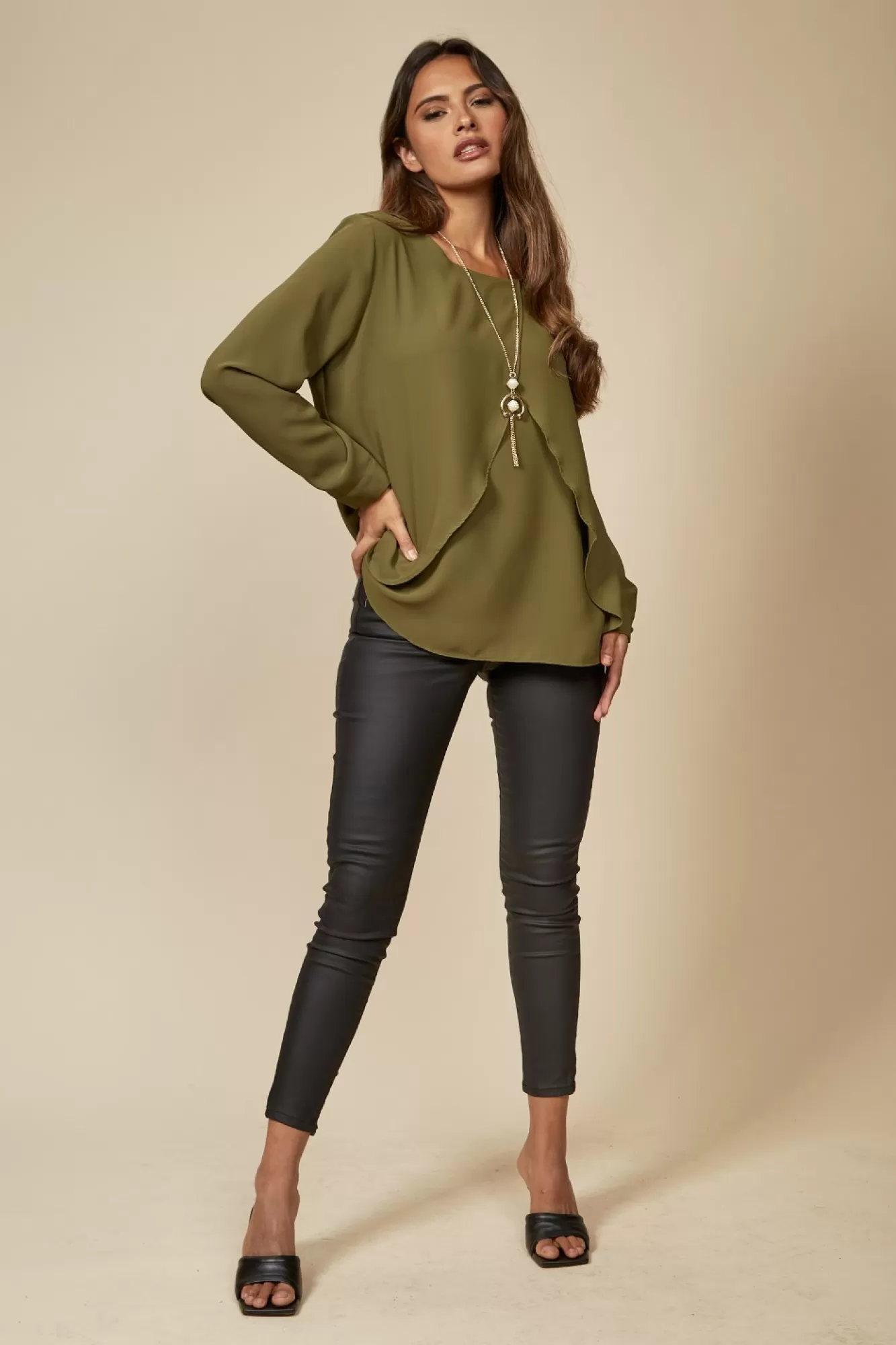Blouses^Hoxton Gal Relaxed Fit Layered Top With Necklace Khaki