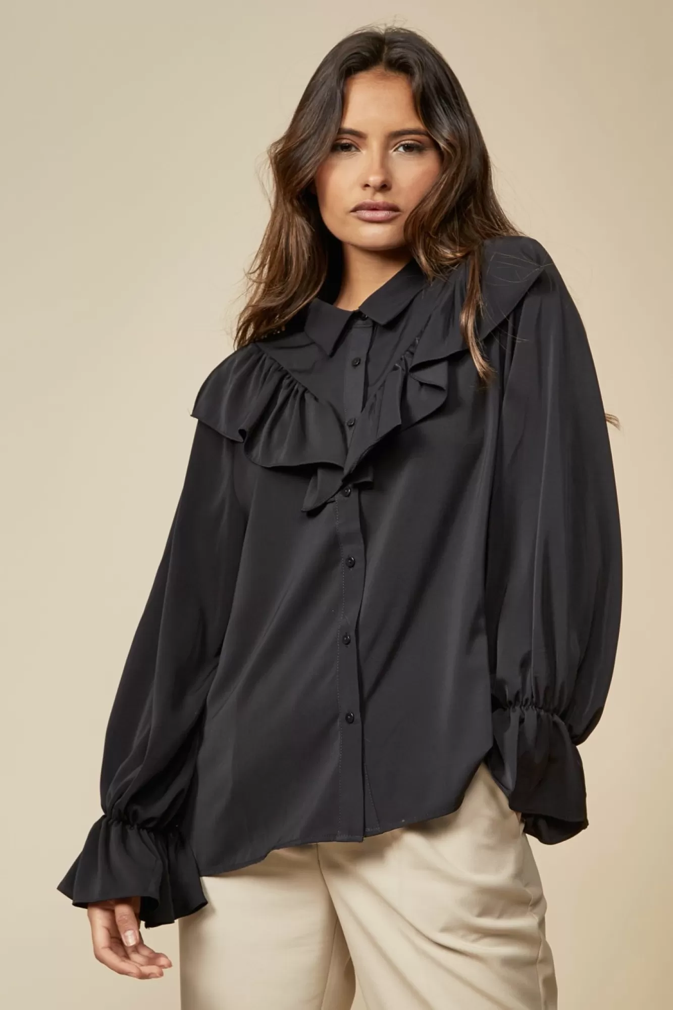 Blouses^Hoxton Gal Ruffle Detail Front And Ruffle Sleeve Shirt Black